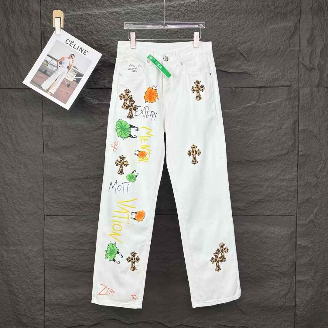 Chrome Hearts Matty Boy 1/1 custom painted white jeans with signature leopard cross patches