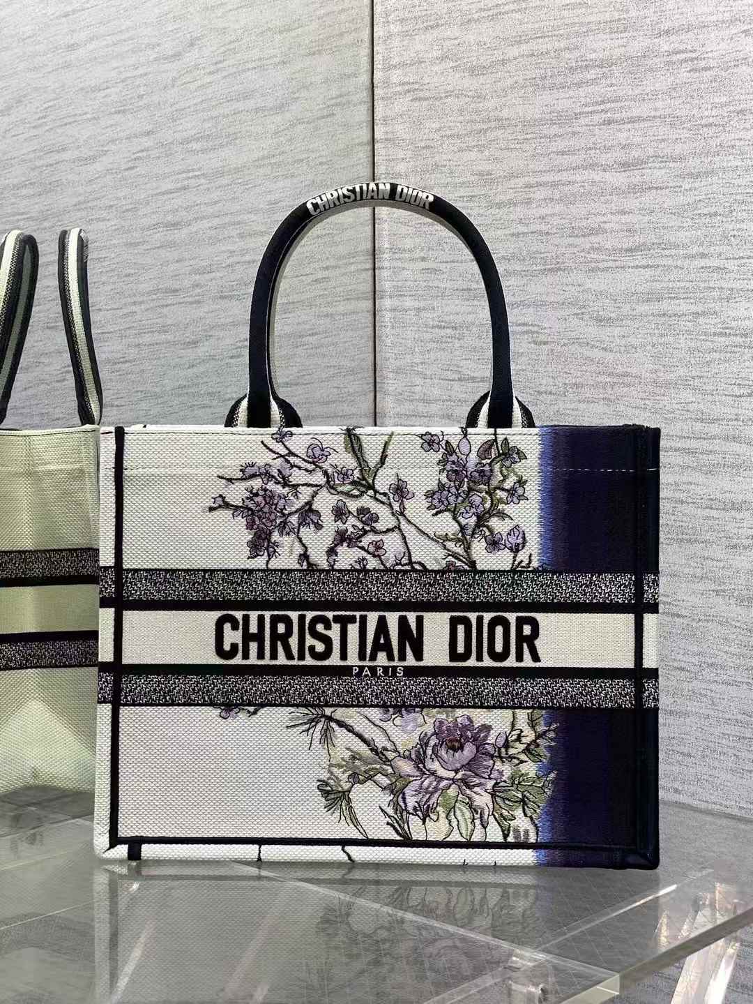 Dior Book Tote bag with a floral or D-Floral embroidery "Christian Dior Paris" signature on the front Medium