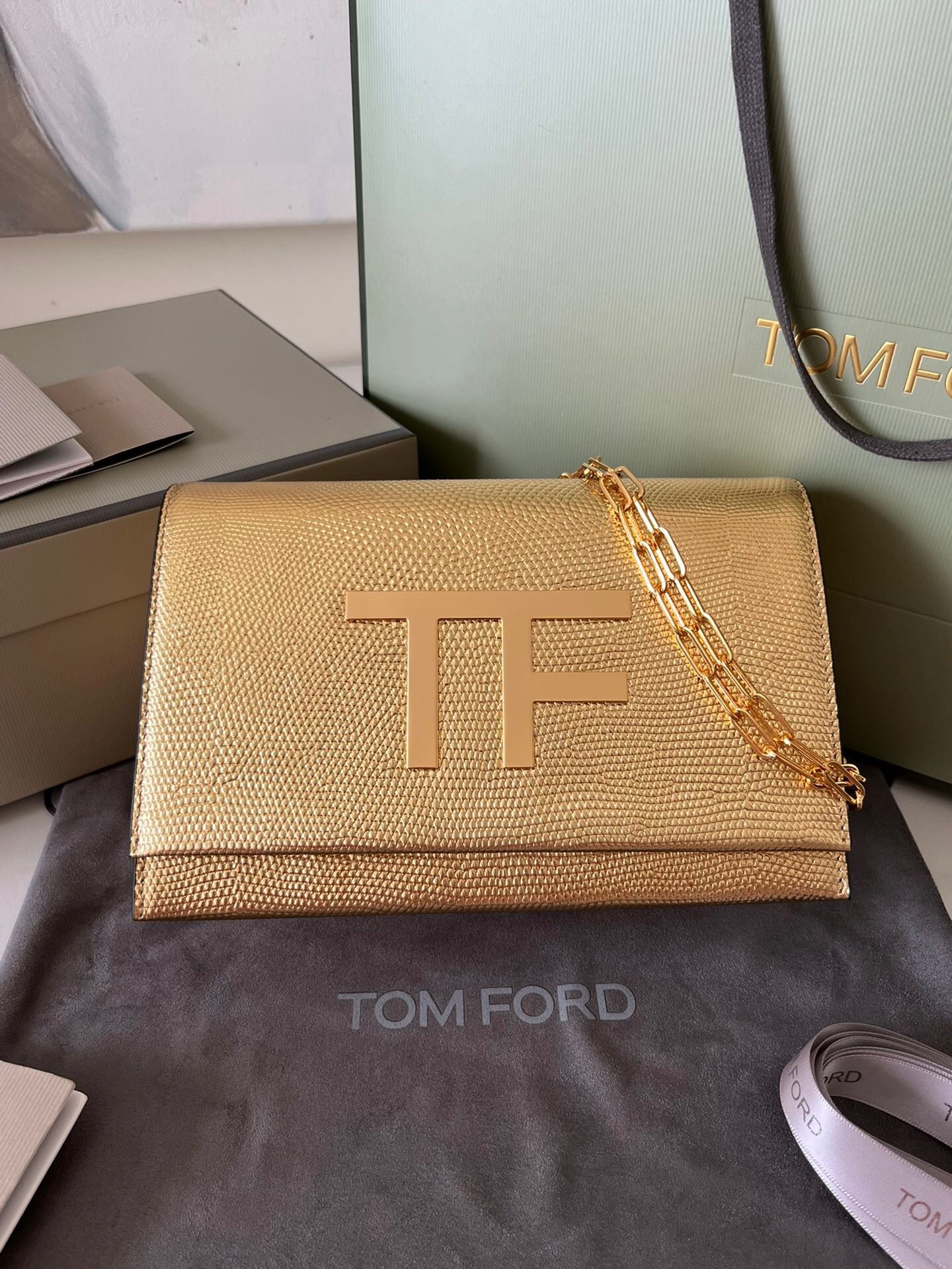 Tom Ford TF Disco Lizard-Print Crossbody Bag in gold