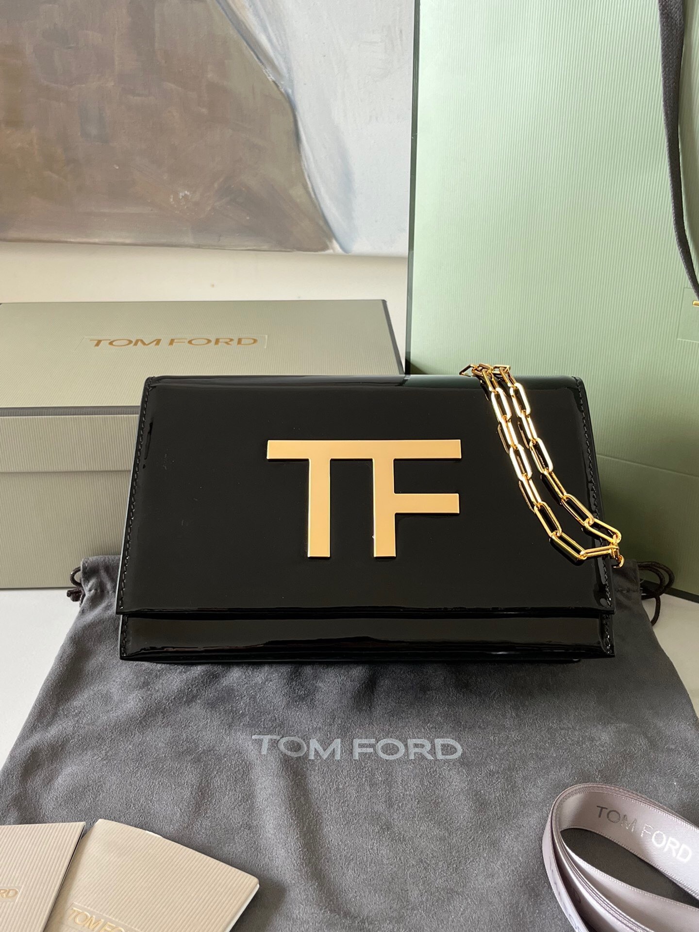 Tom Ford Palmellato Calfskin TF Chain Shoulder Bag in Black