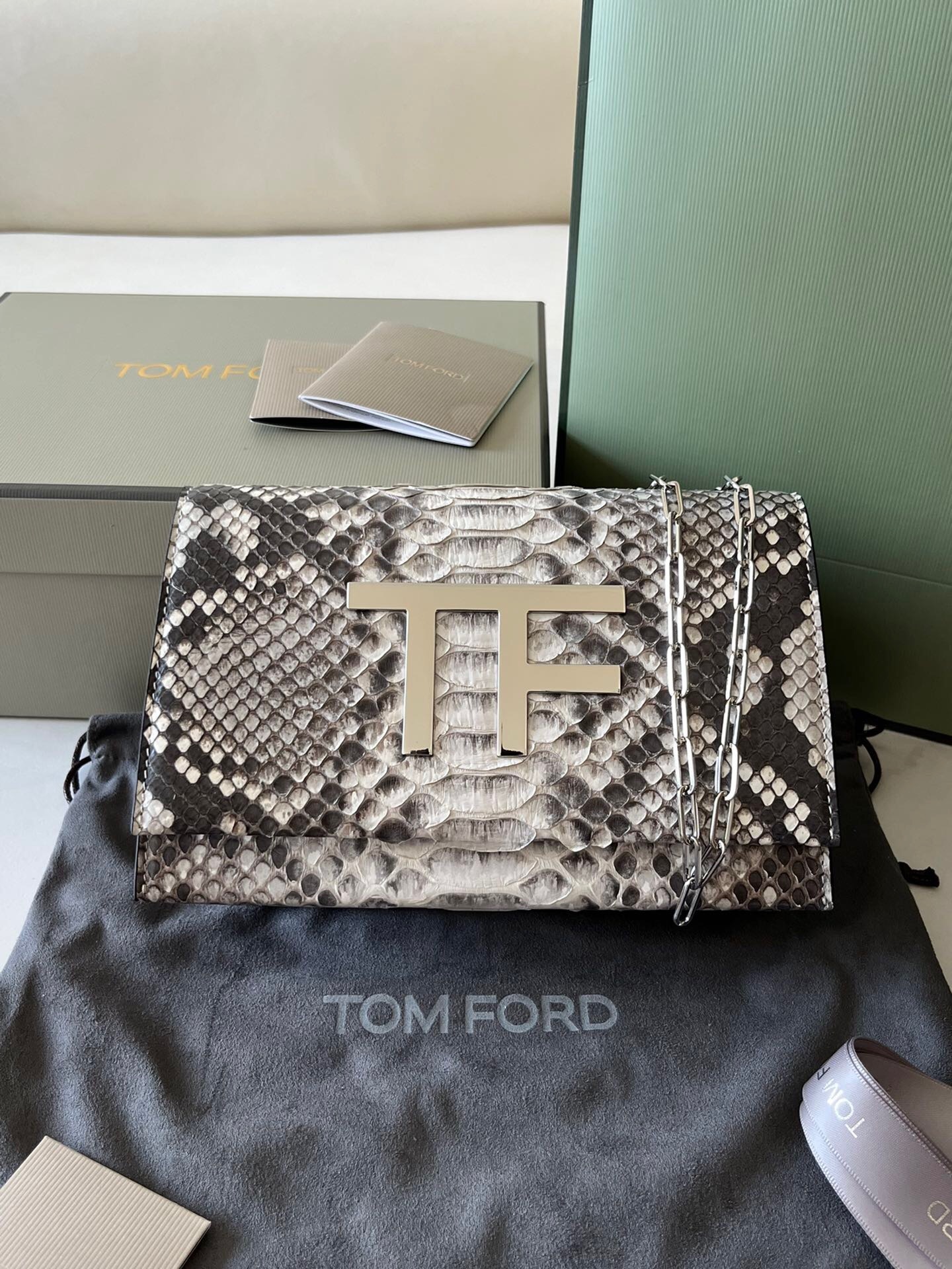 Tom Ford TF Flap Chain Crossbody Bag made of python leather.