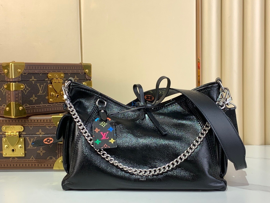 LV CarryAll Cargo Vibe PM handbag in black lambskin with palladium-finish hardware and a multi-colored monogram name tag