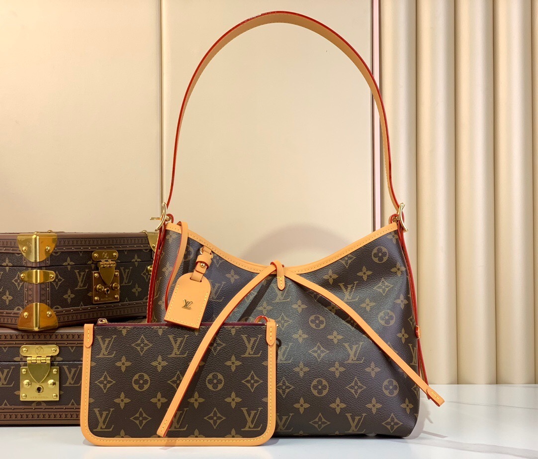 LV CarryAll PM bag in Monogram canvas with natural cowhide leather trim
