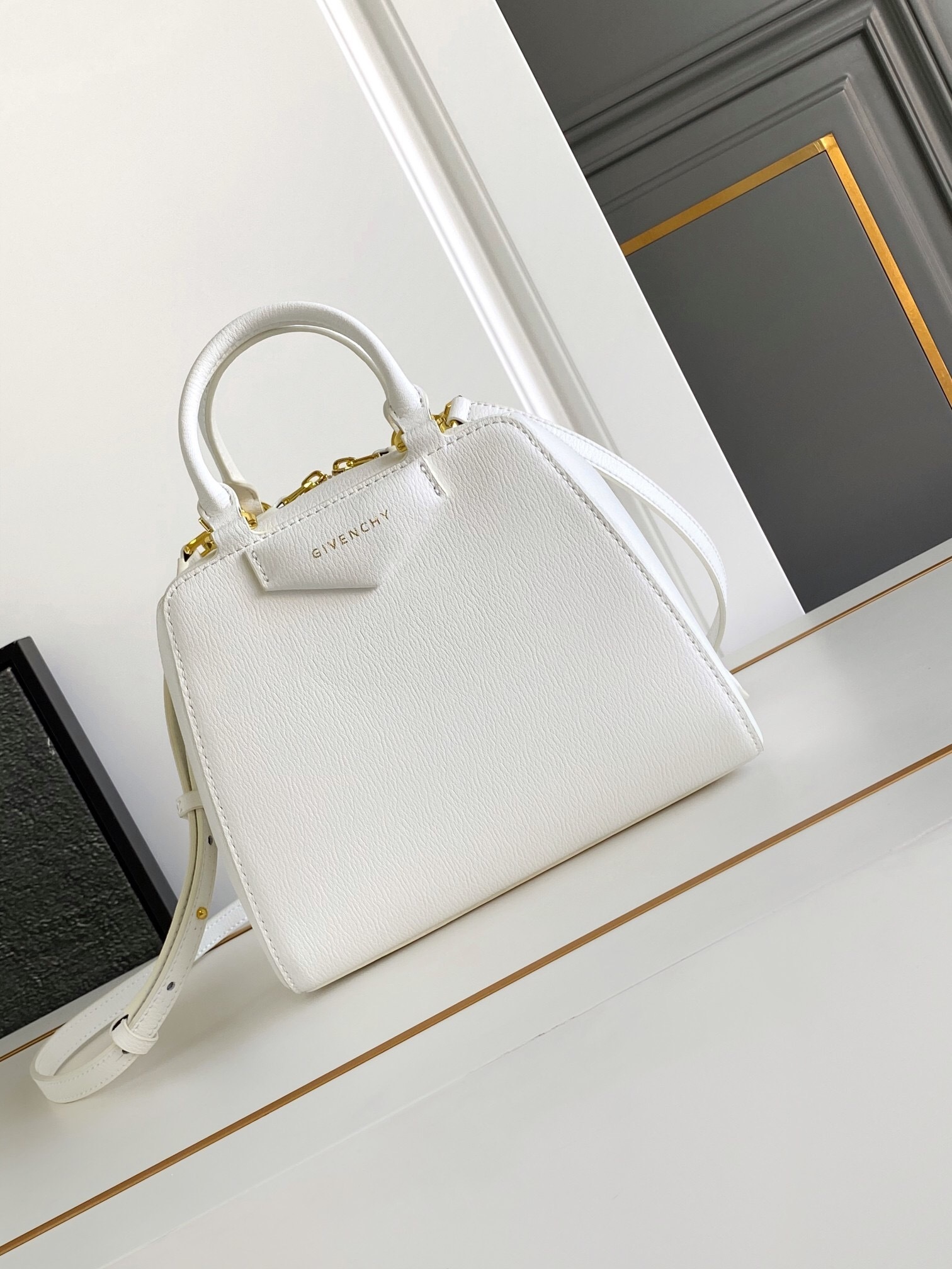 Givenchy mini Antigona Cube bag in white shiny tumbled buffalo leather