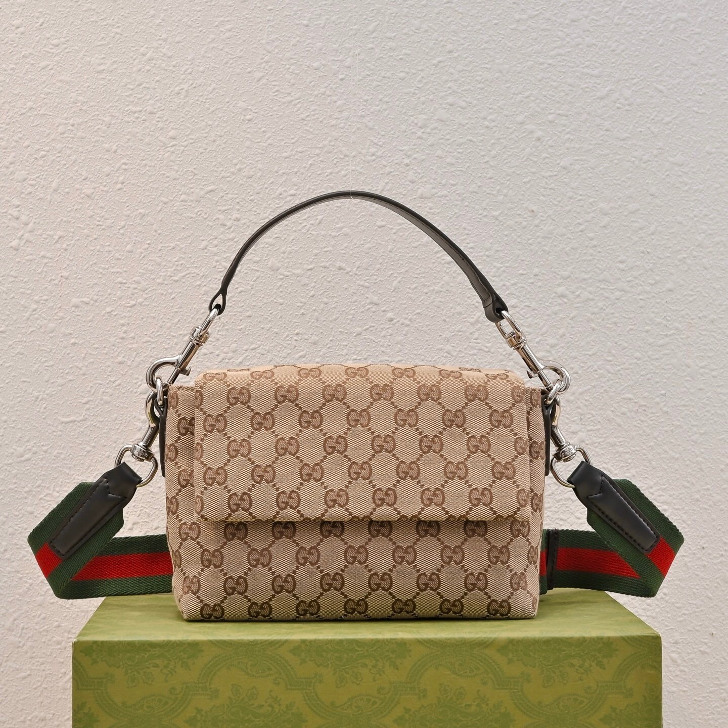 Gucci Small Crossbody Bag in beige and ebony GG fabric with a web strap