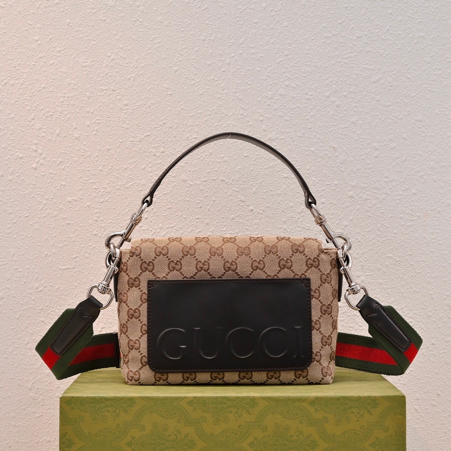 Gucci Small Crossbody Bag in beige and ebony GG fabric with a web strap