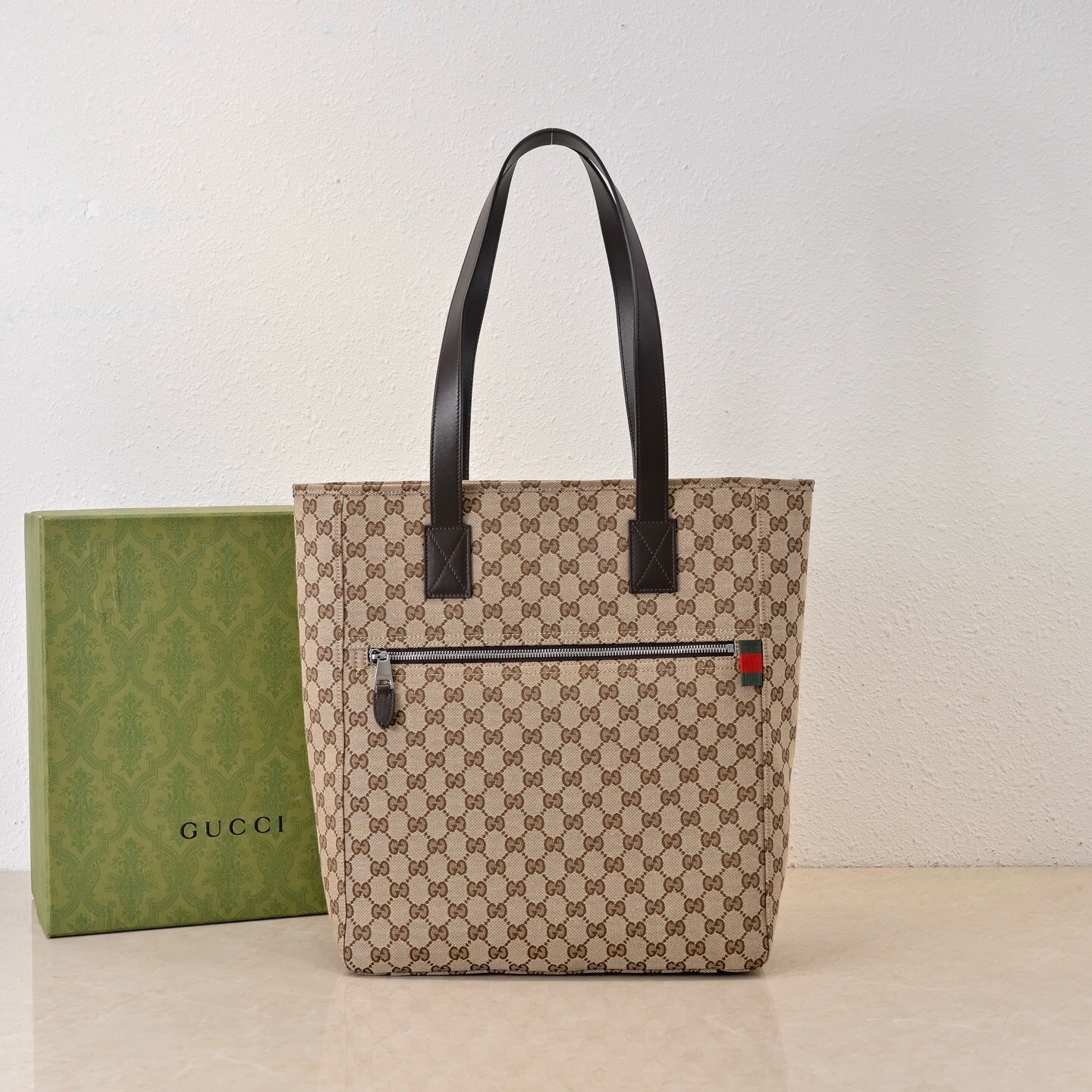 Gucci GG Canvas Tote Bag GG monogram pattern and dark brown leather trim
