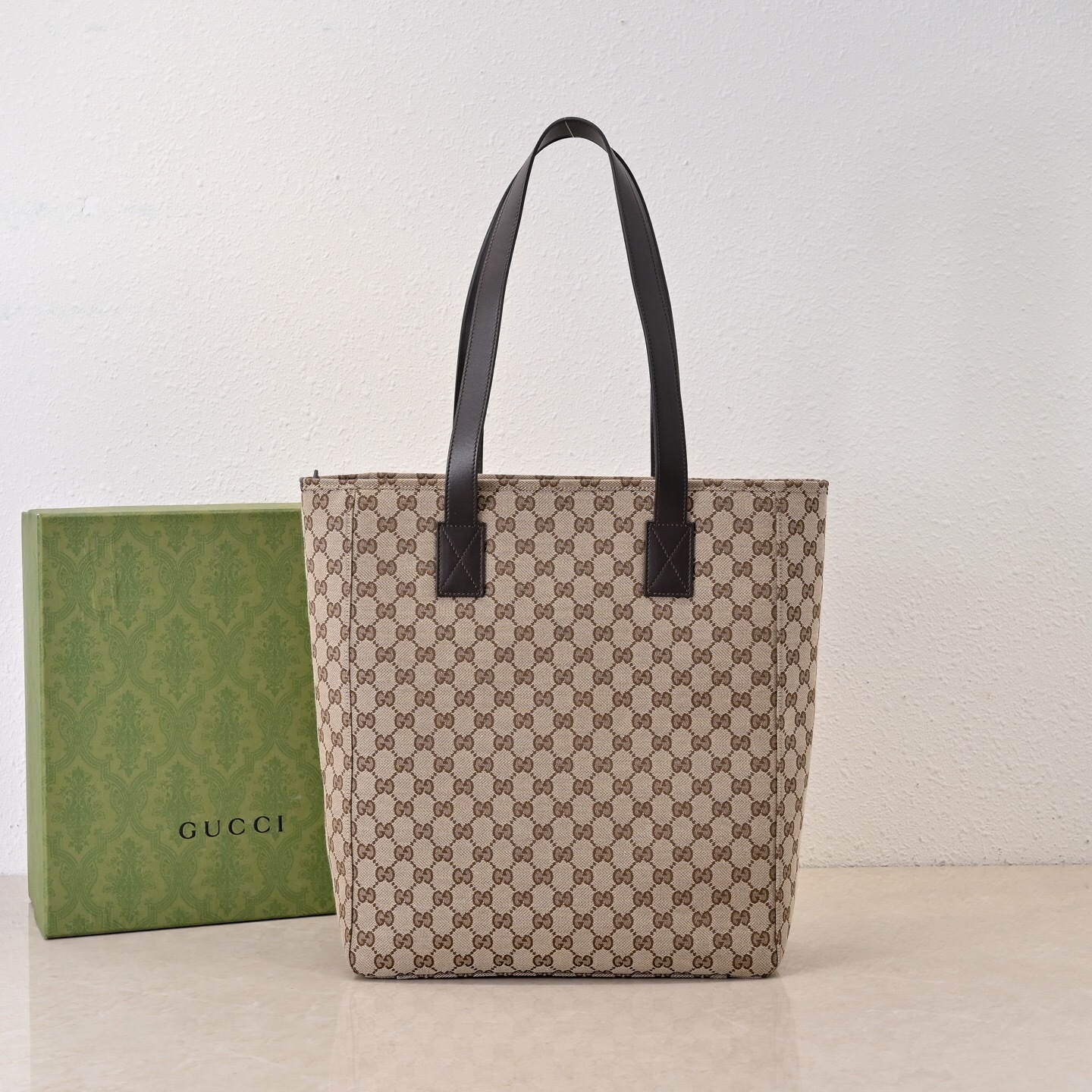Gucci GG Canvas Tote Bag GG monogram pattern and dark brown leather trim