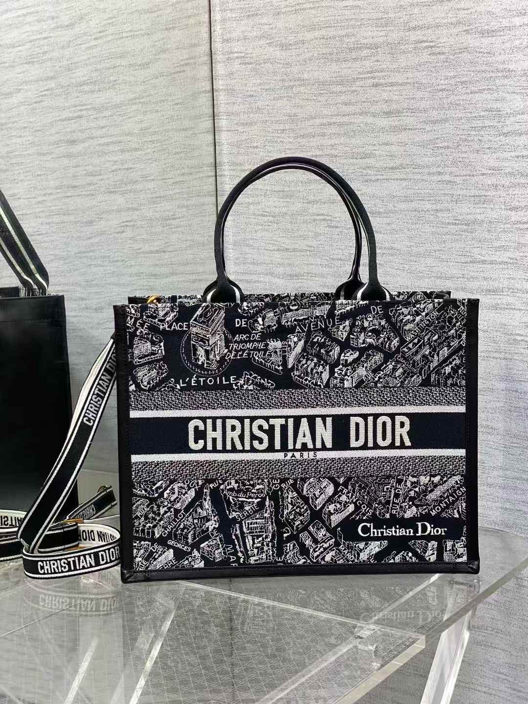 Dior Book Tote bag black and white embroidered design with a map-like pattern "Plan de Paris"motif