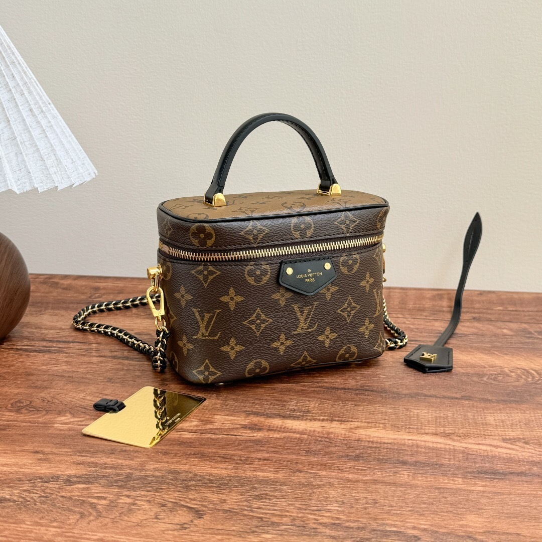 LV Vanity PM bag in Monogram and Monogram Reverse coated canvas with black leather trim and gold-color hardware
