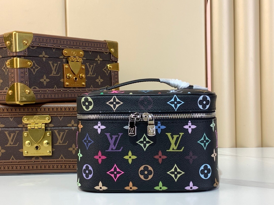 LV x Takashi Murakami Nice Mini toiletry bag in black multicolored Monogram canvas.
