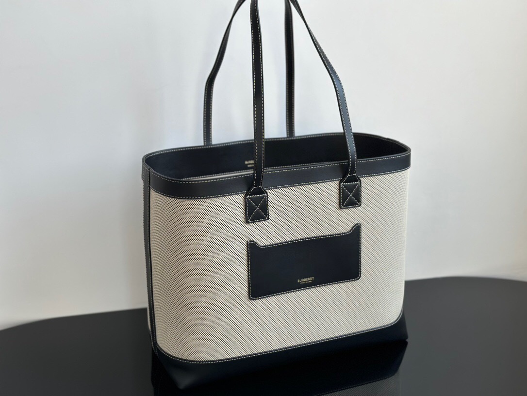 Burberry Small Freya Tote in natural cotton canvas and black leather trim