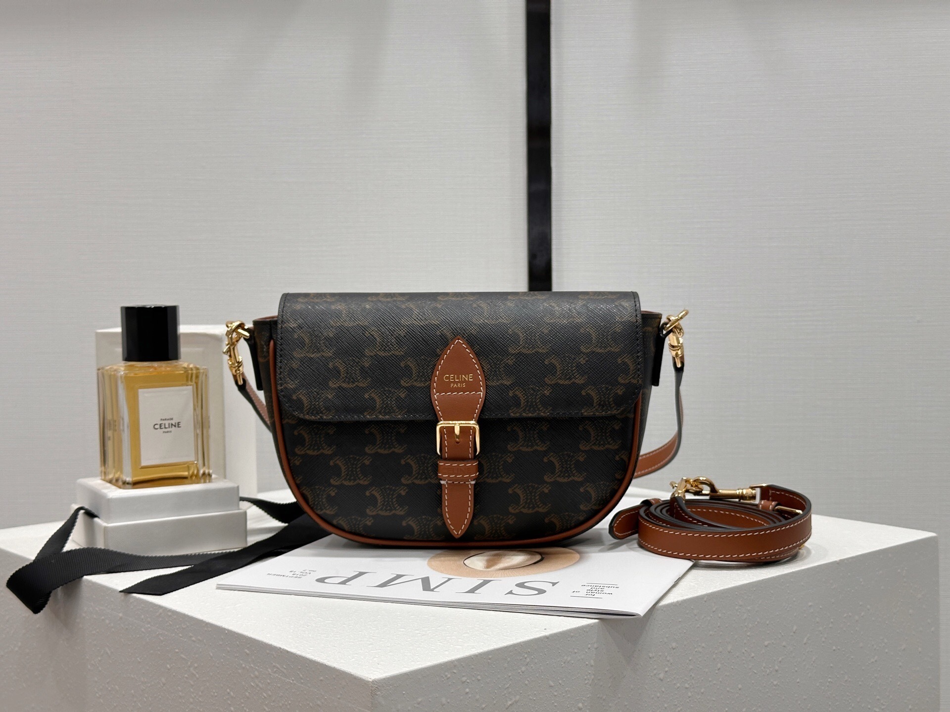 Celine Medium Folco shoulder bag in Triomphe canvas and calfskin with gold finishing