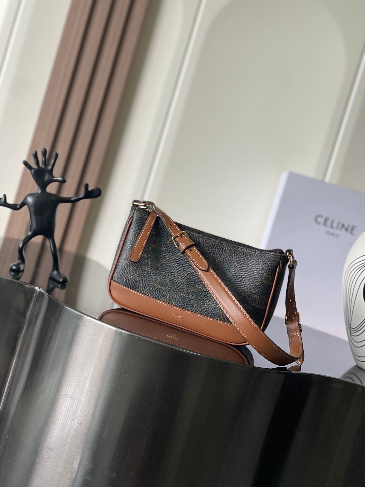 Celine Shoulder Bag Claude in Triomphe Canvas and Calfskin