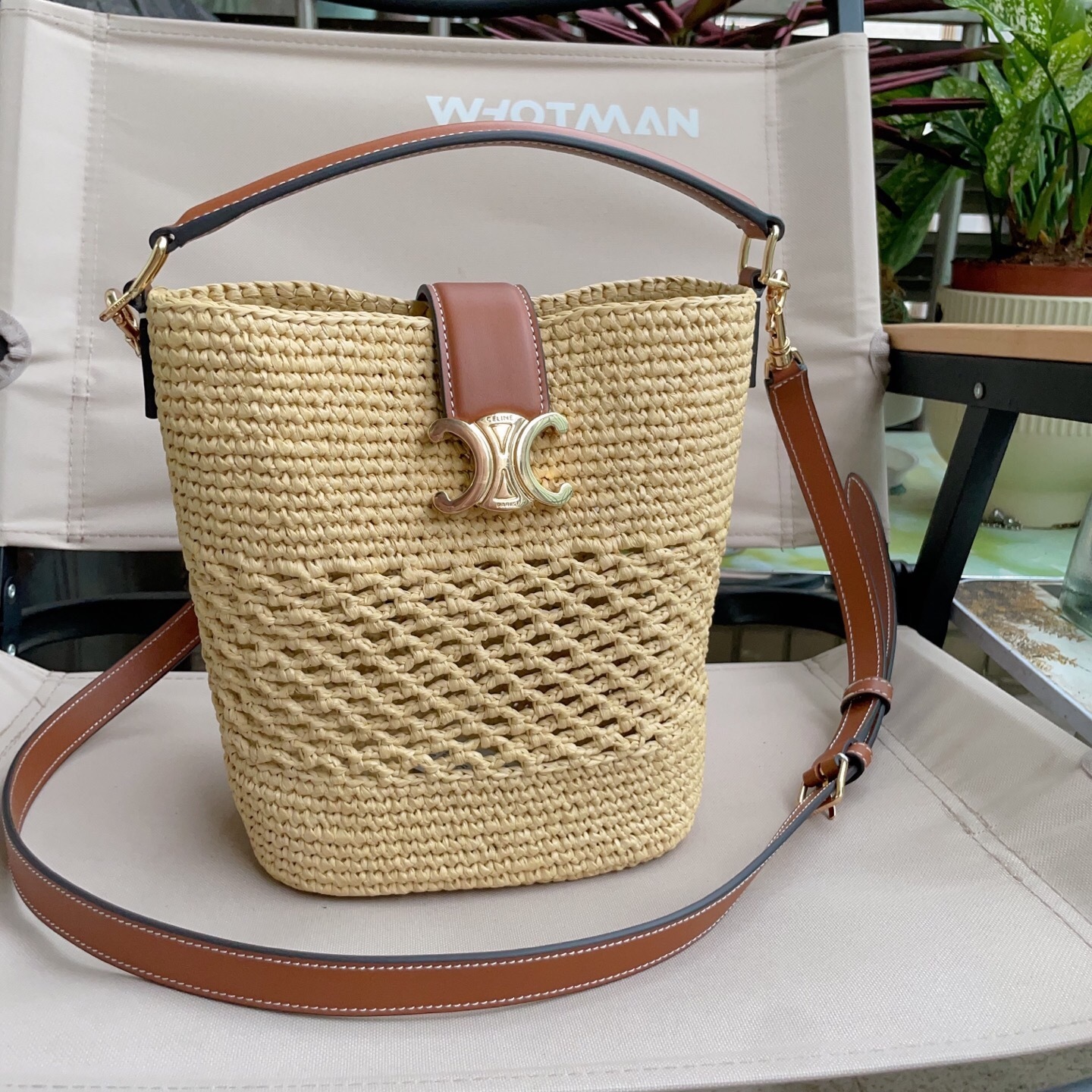 Celine Small Bucket Louise in smooth calfskin and raffia with tan leather trim