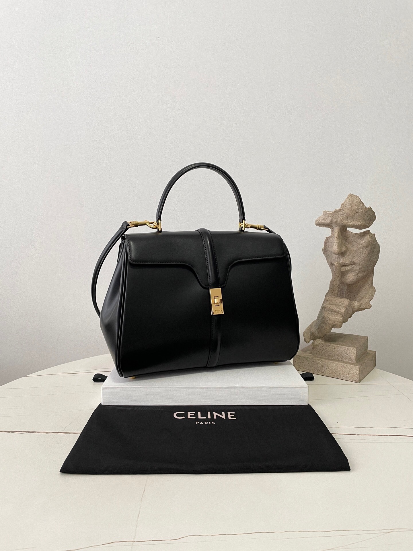 Celine Classique 16 bag in black satinated calfskin leather