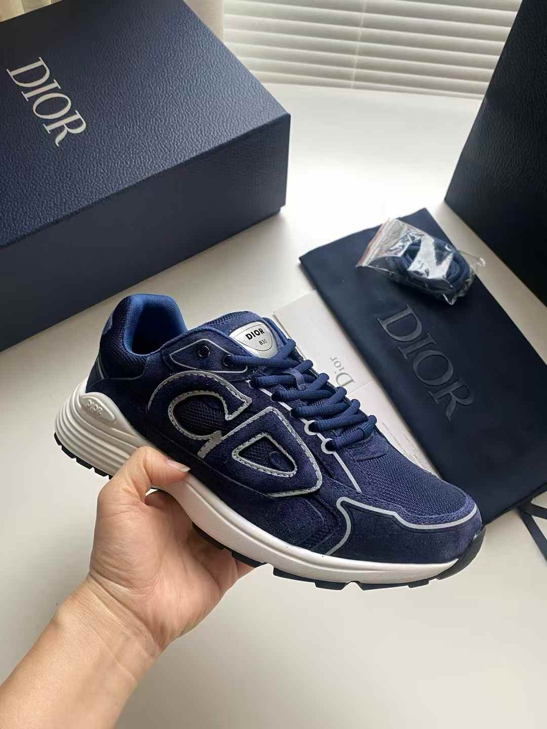 Dior B30 low-top sneakers in navy blue suede and technical mesh