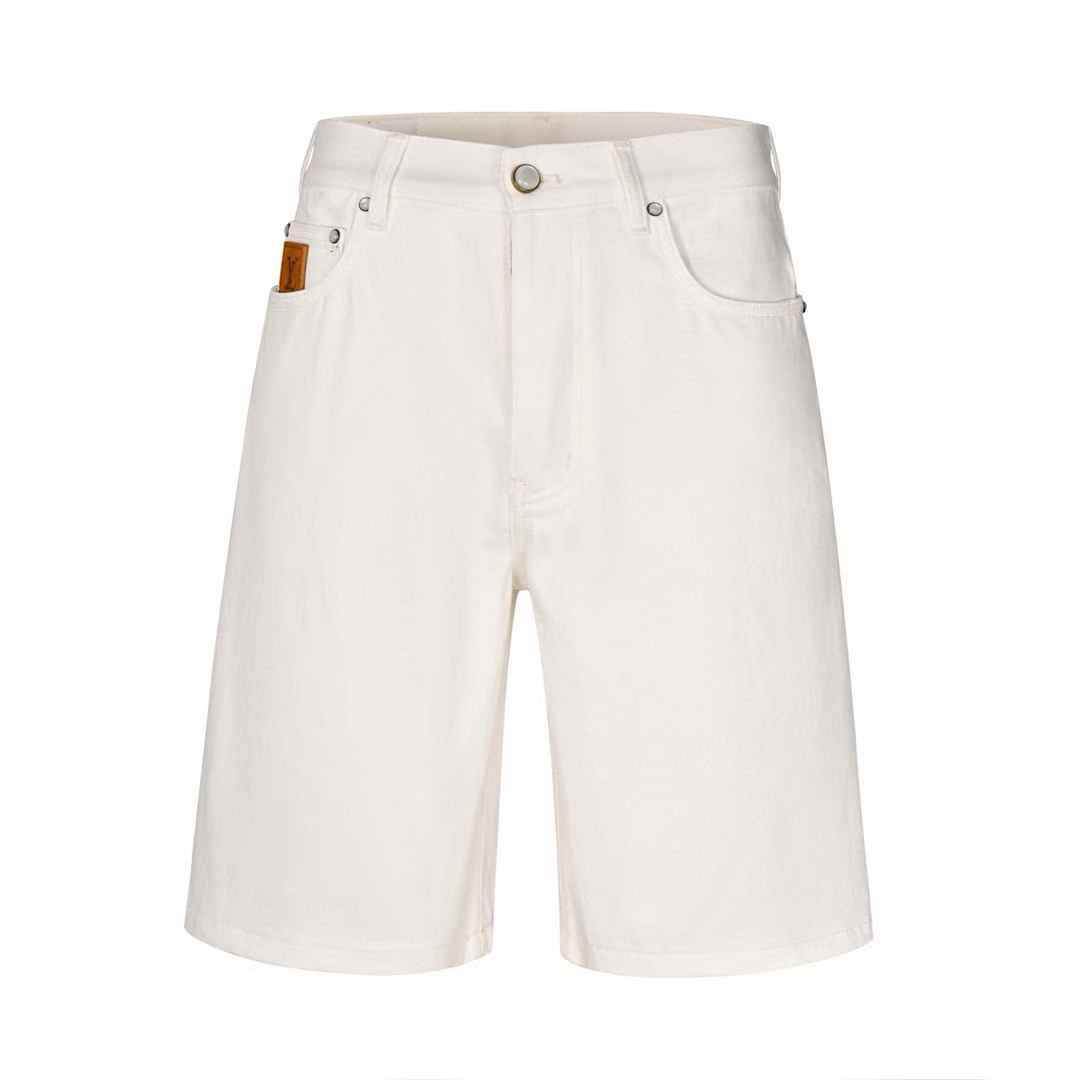 Kenzo straight-leg denim shorts in bleached white, crafted from cotton and finished with a contrast leather logo patch and silver-tone rivets