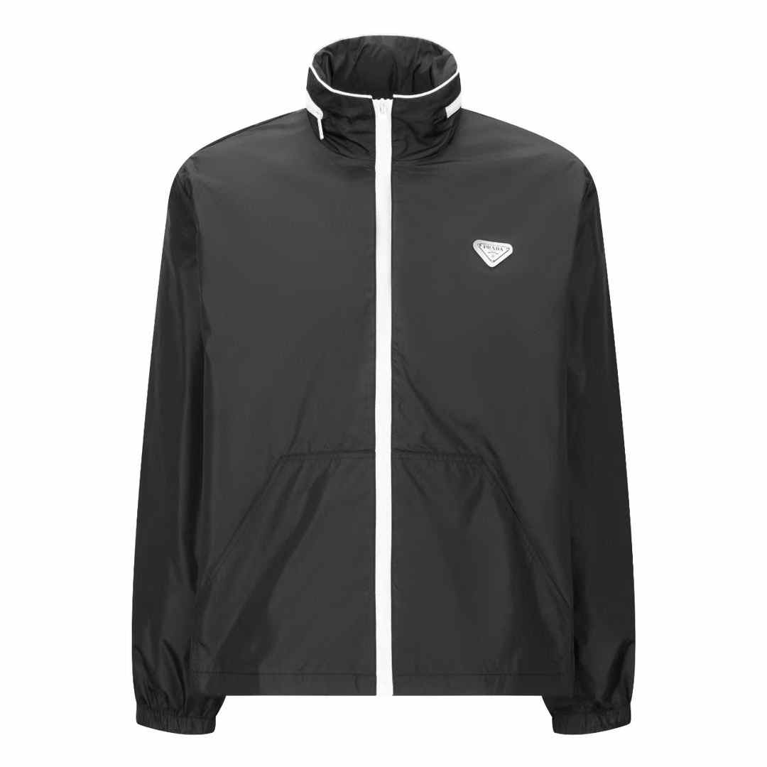 Prada Re-Nylon jacket in black with a white zipper and collar trim