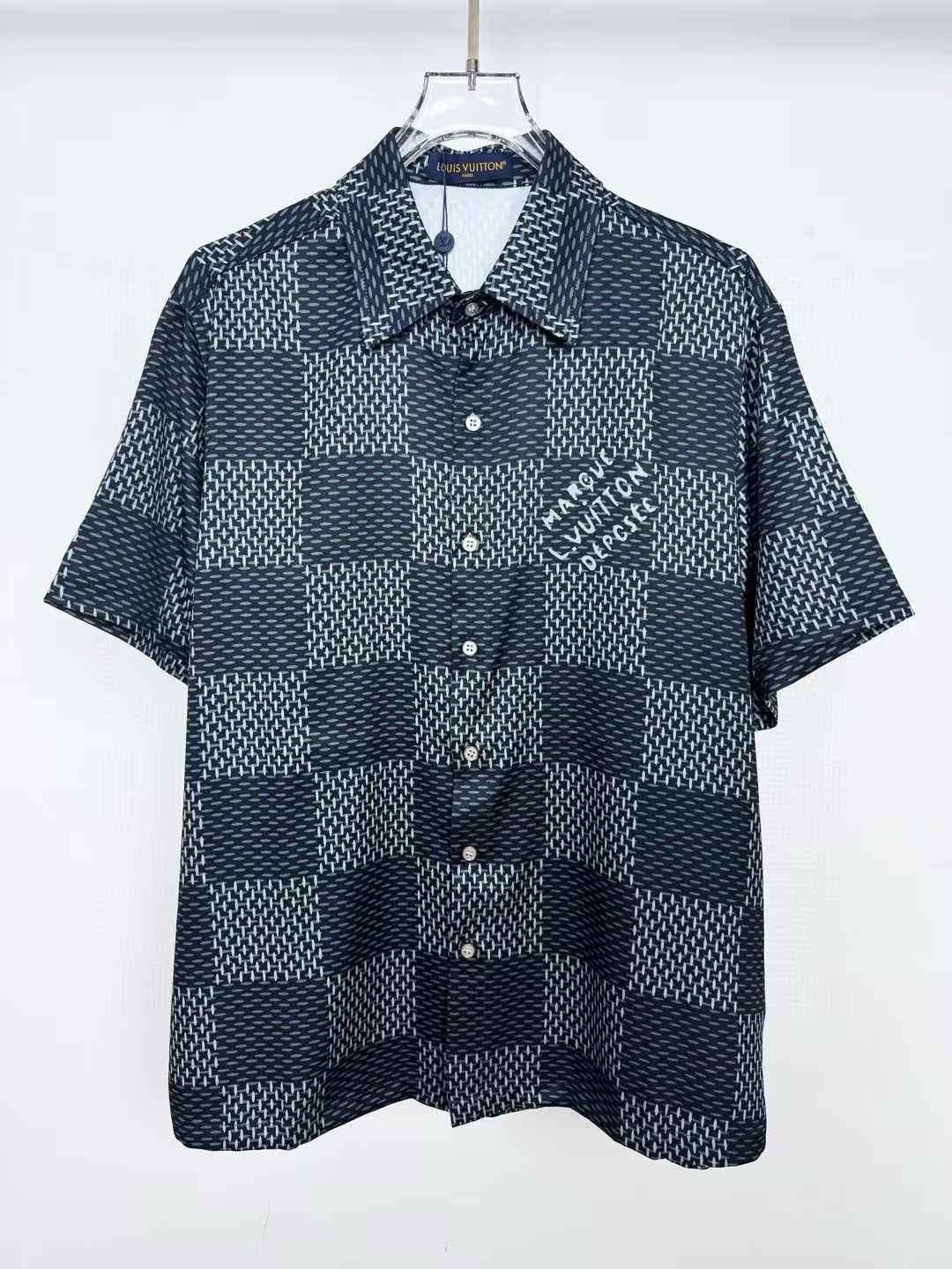 LV Damier Short-Sleeved Silk Shirt in black with a "Marque L. Vuitton Déposée" signature print