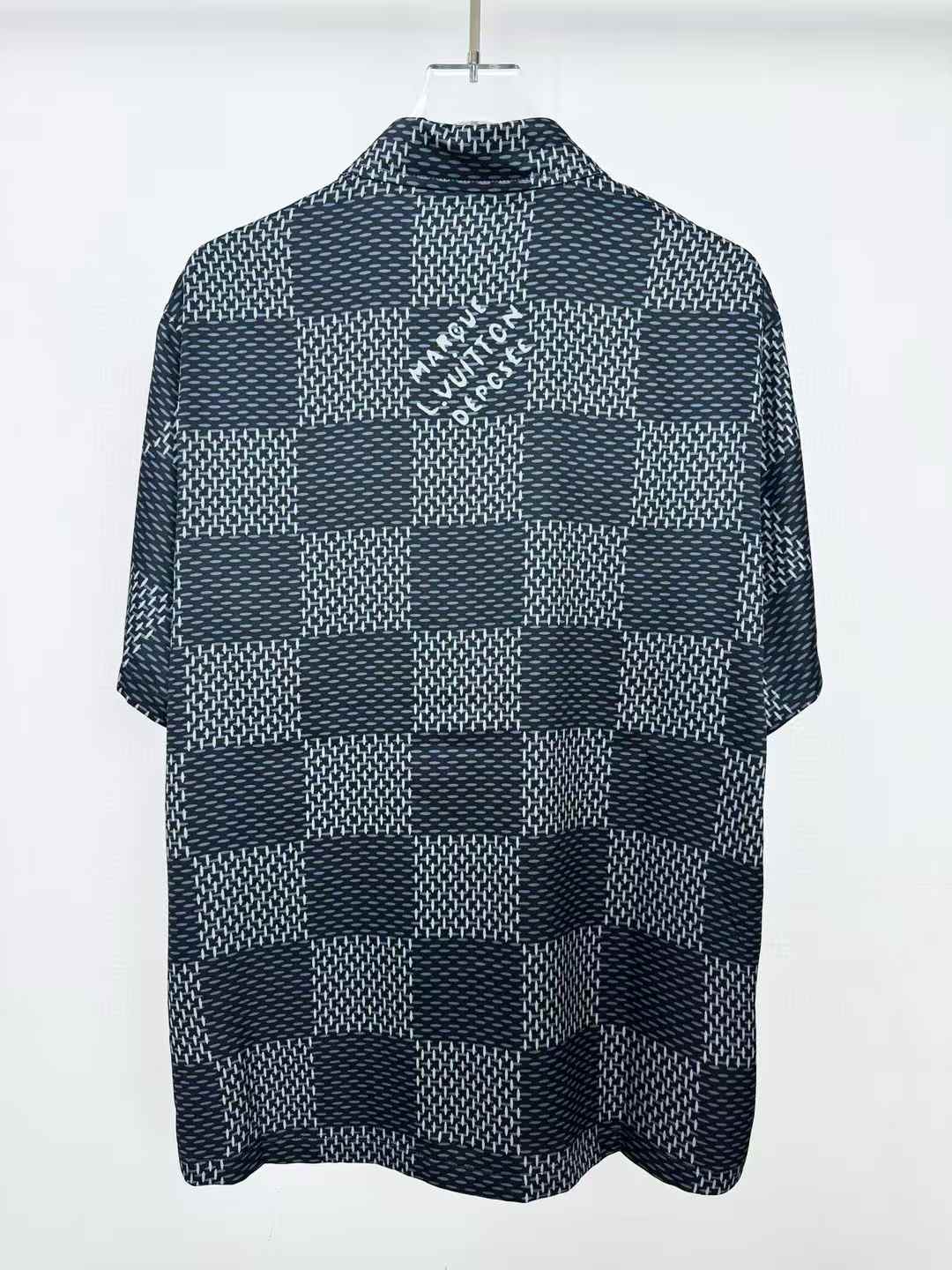 LV Damier Short-Sleeved Silk Shirt in black with a "Marque L. Vuitton Déposée" signature print