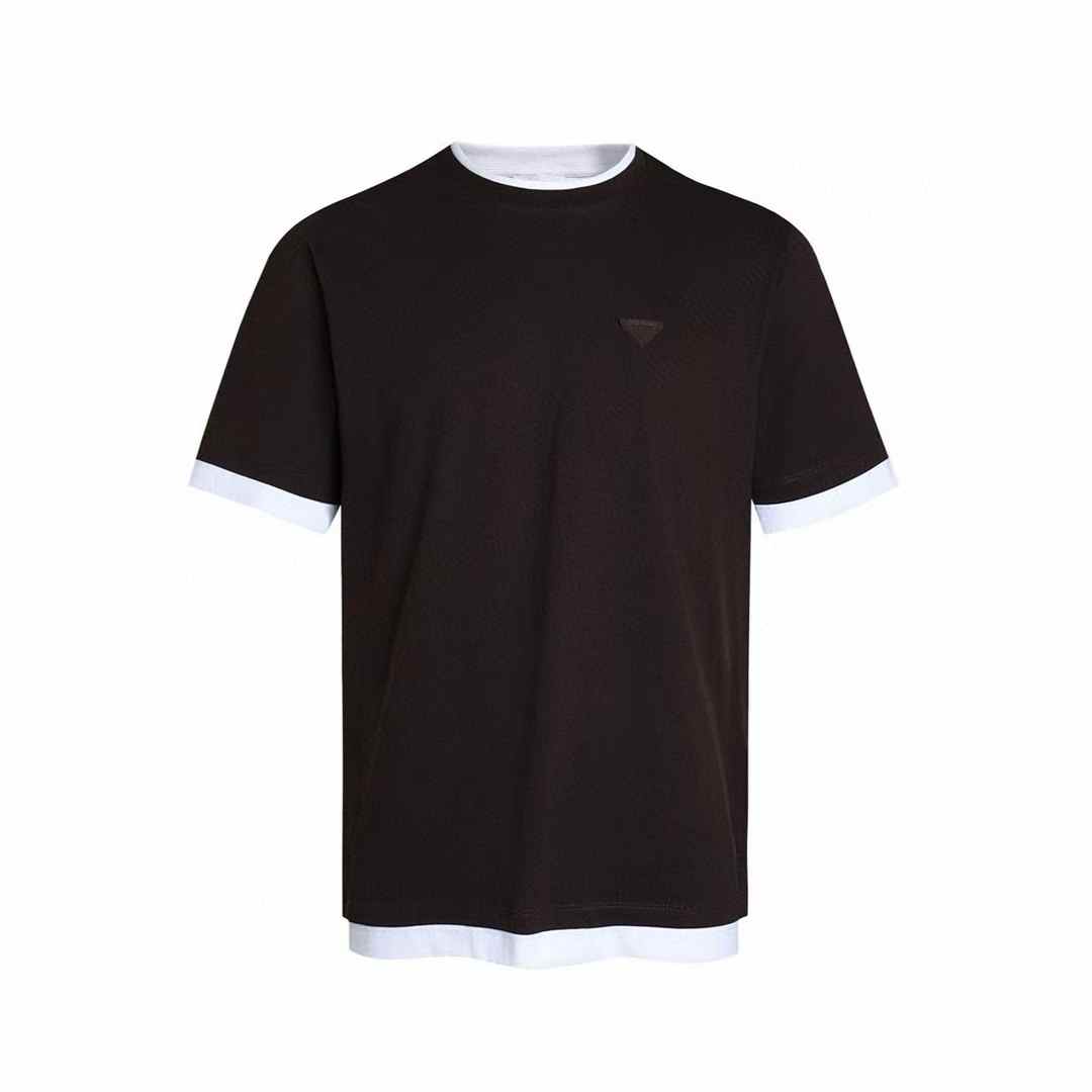 Prada black cotton T-shirt with a double-layer effect and a subtle triangle logo plaque on the chest.