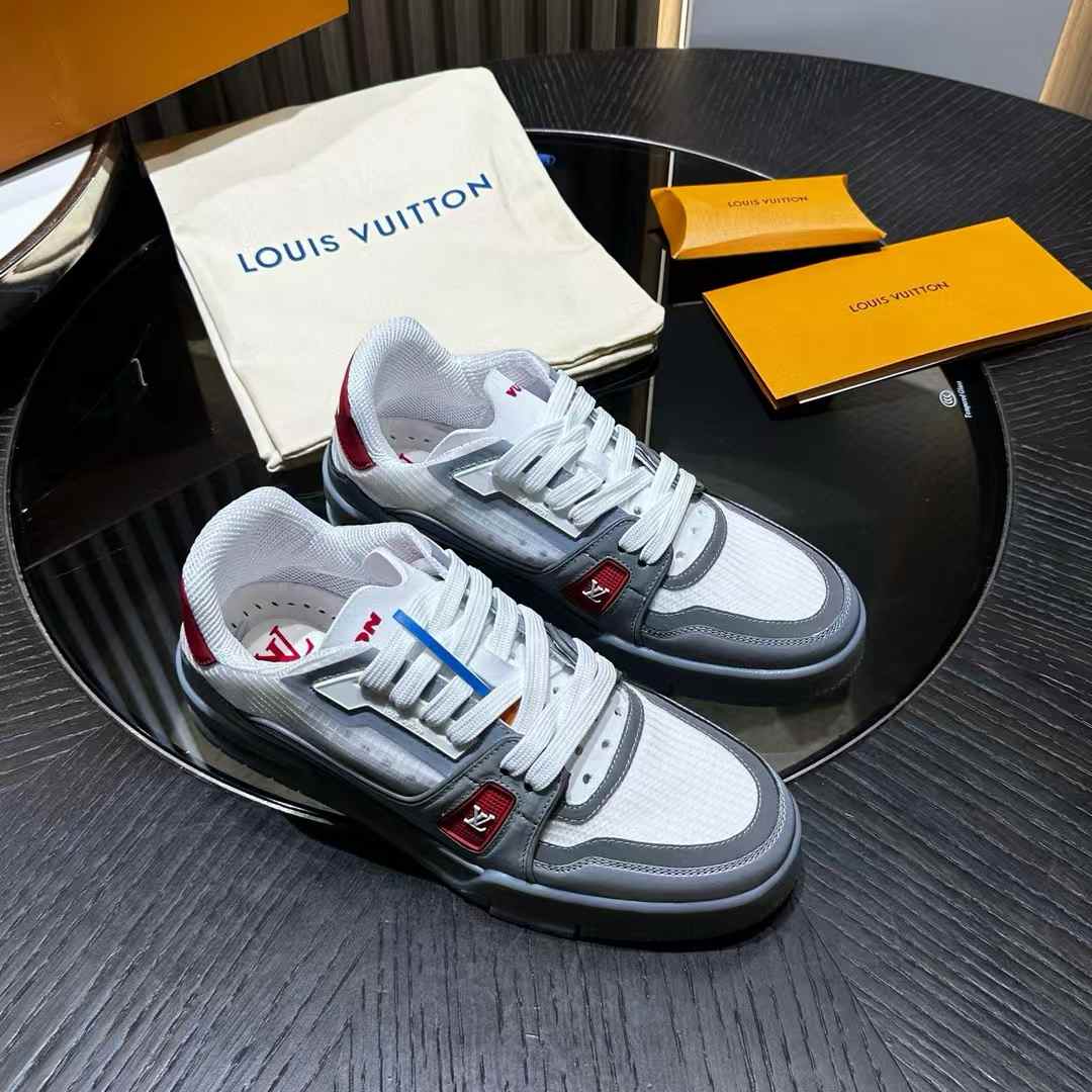 LV Trainer sneakers in a white, grey, red, and blue