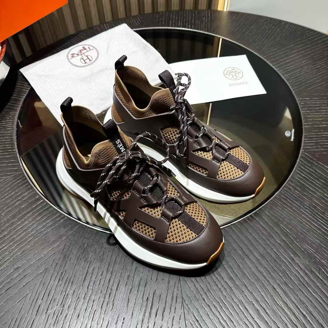 Hermes Katana men's sneakers in brown knit and calfskin