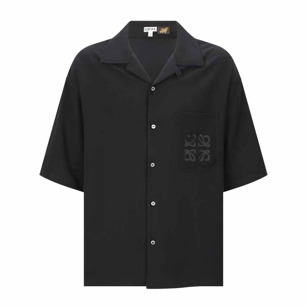Loewe + Paula's Ibiza convertible-collar logo-appliquéd woven shirt in black linen