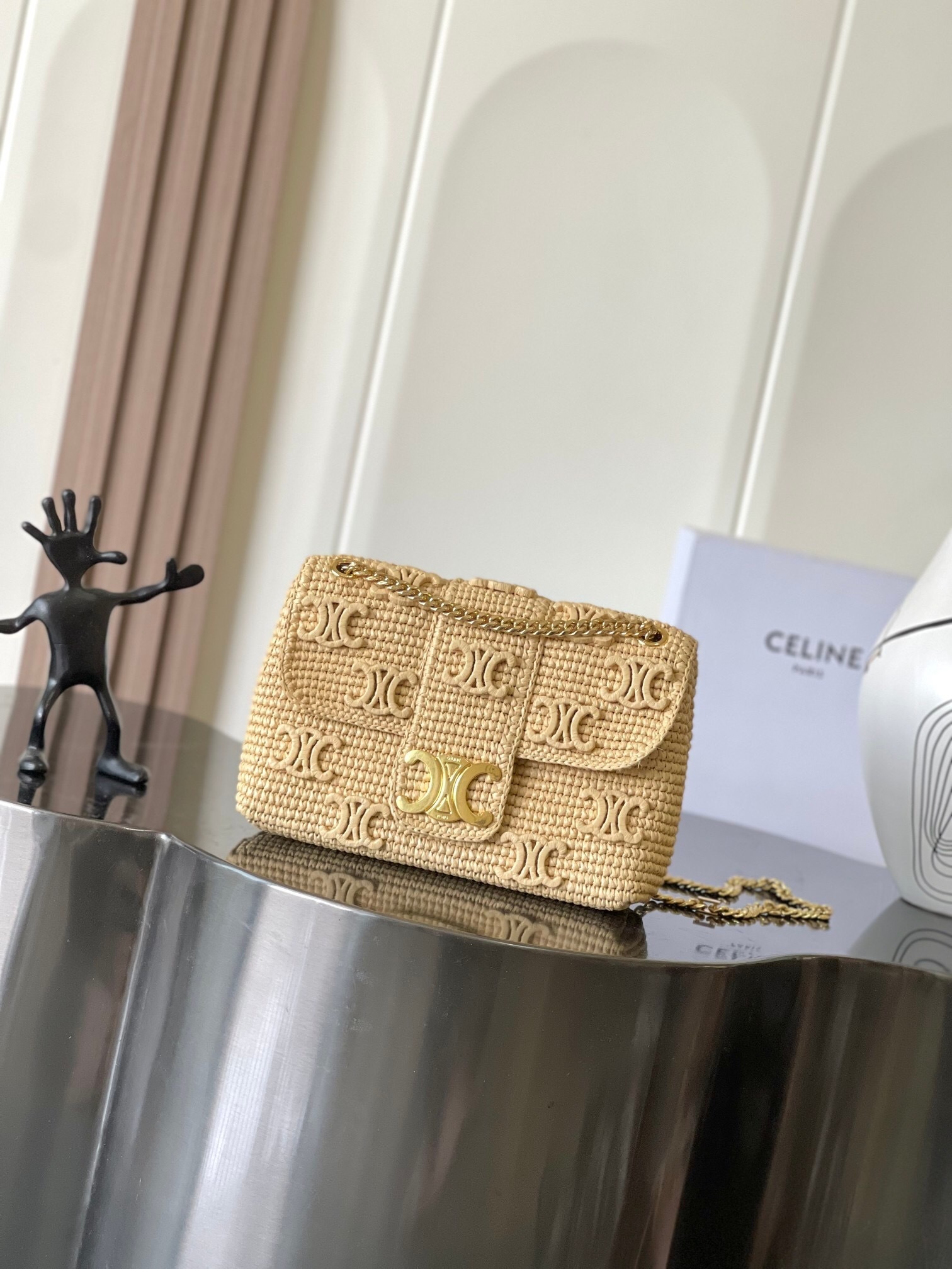 Celine Victoire raffia crossbody bag with Triomphe embroideries