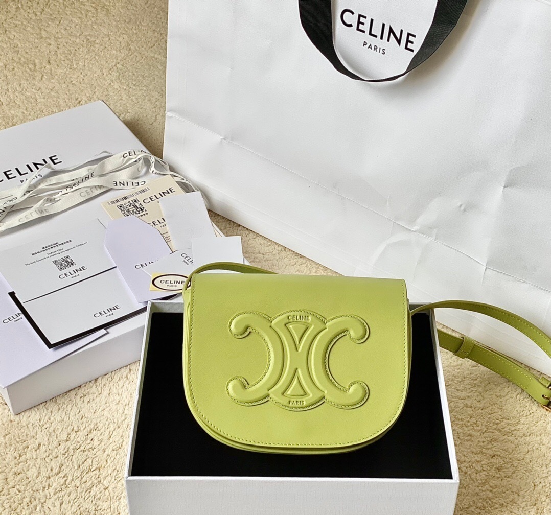 Celine Folco Cuir Triomphe shoulder bag in smooth calfskin and a light green or lime color
