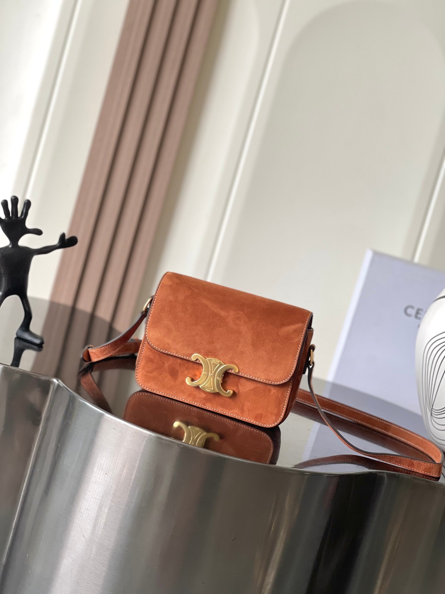 Celine Teen Triomphe shoulder bag in camel or tan nubuck calfskin leather