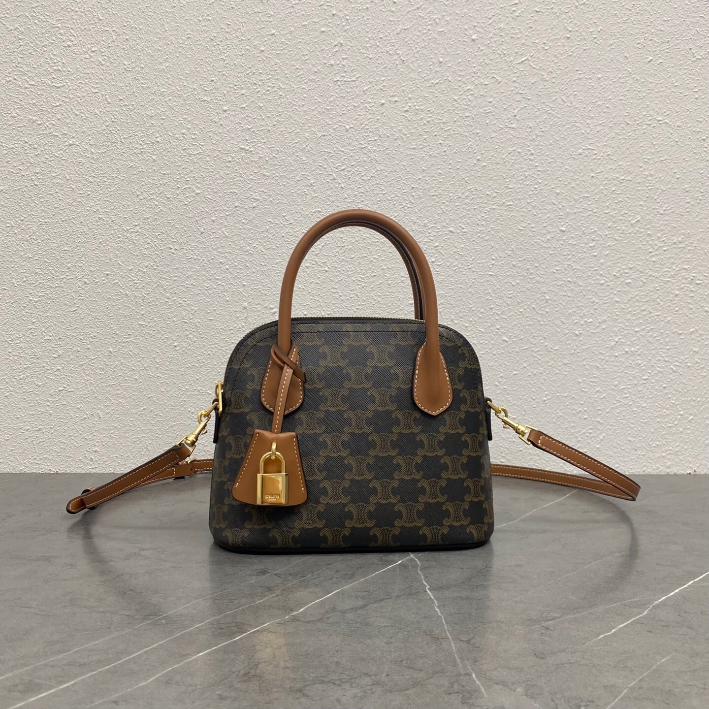 Celine Teen Honorine bag in Triomphe canvas and calfskin, tan finish and gold hardware