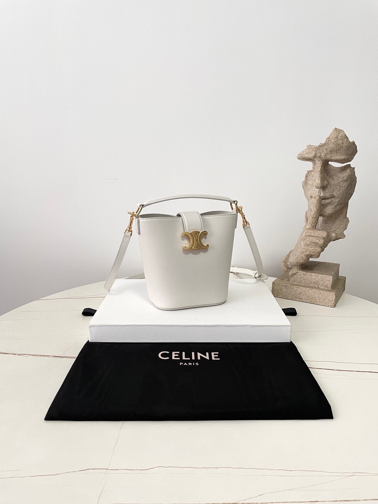 Celine Small Bucket Louise bag in smooth calfskin leather White