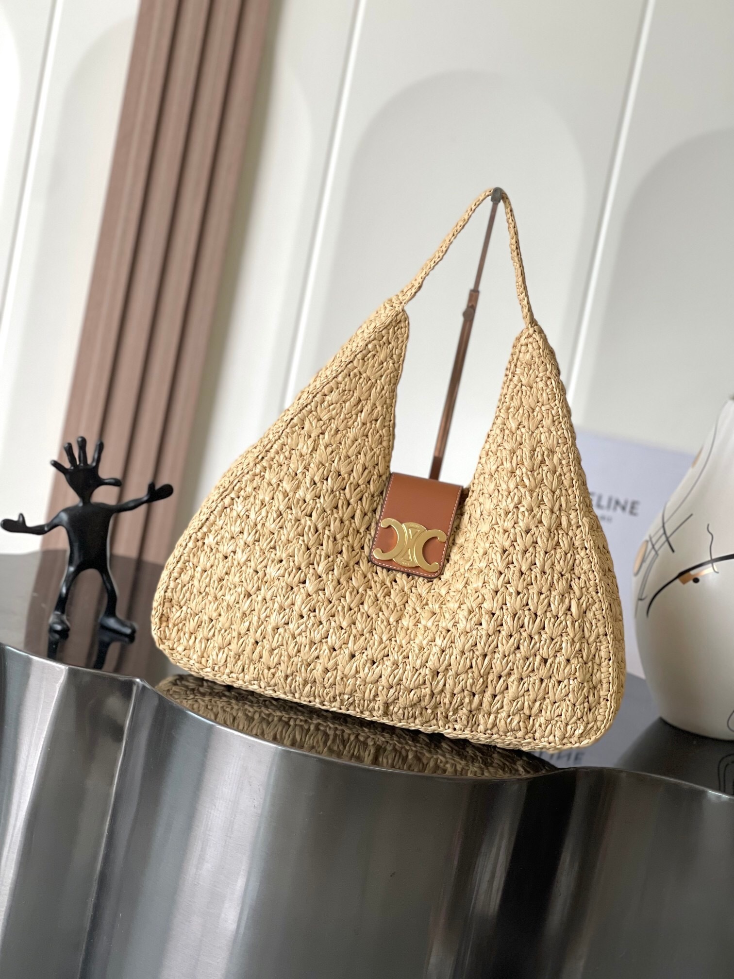 Celine Cabas Triangle in raffia and calfskin