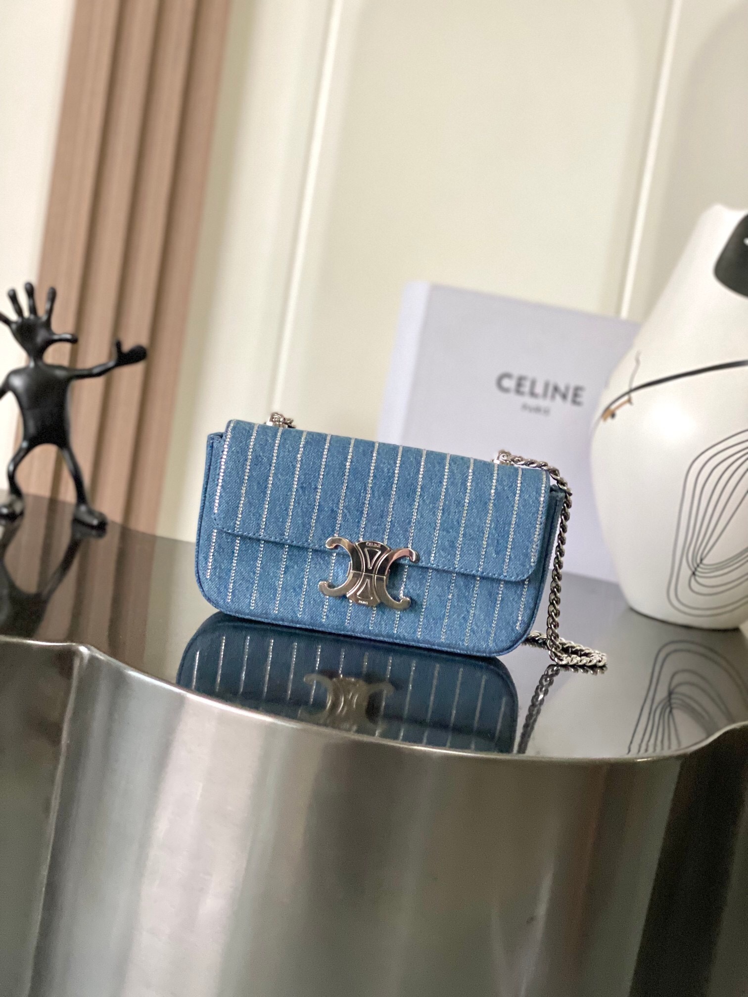 Celine Chain Shoulder Bag Claude in striped denim with strass