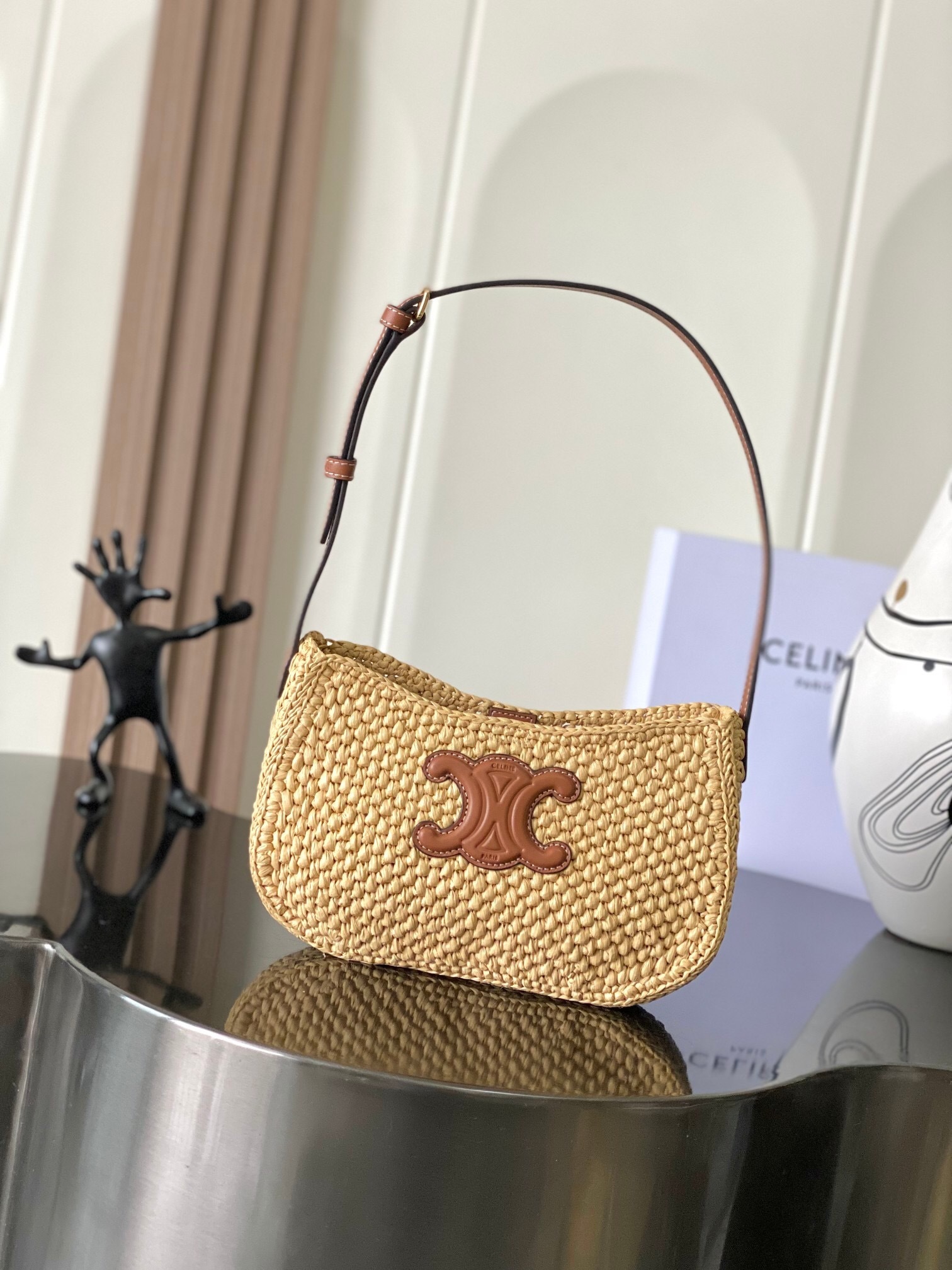 Celine Medium Tilly bag in raffia and calfskin