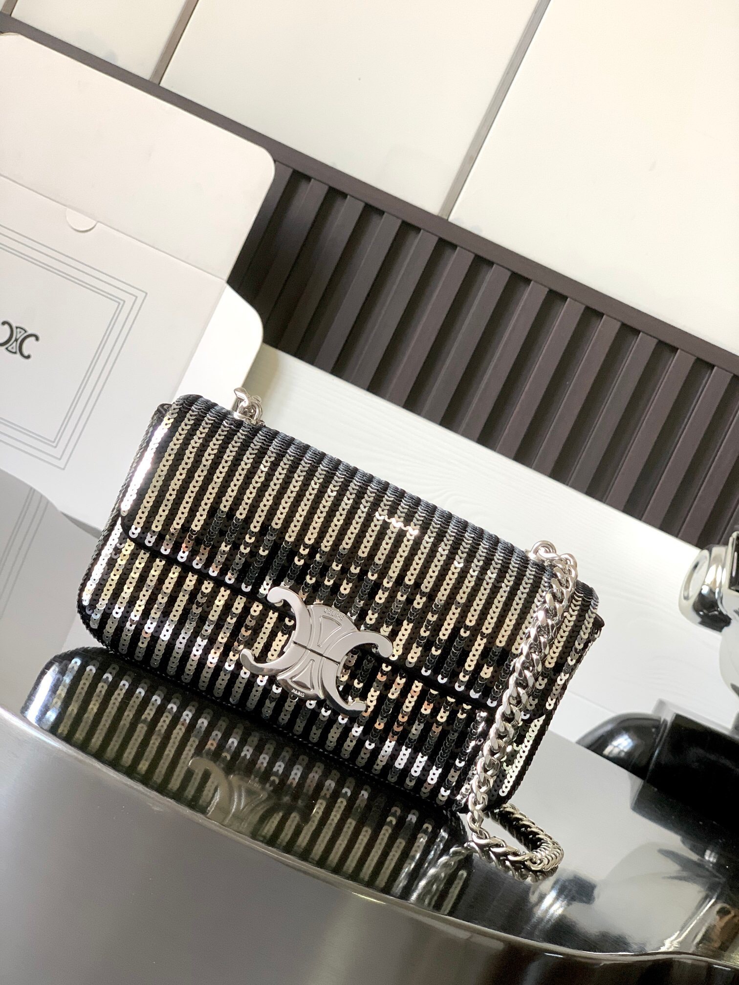 Celine Chain Shoulder Bag Claude in black satin with gold and silver sequins