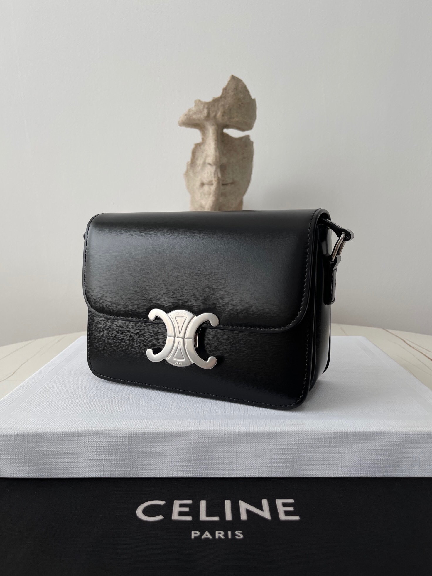 Celine Teen Triomphe shoulder bag in black shiny calfskin leather with silver-finish hardware