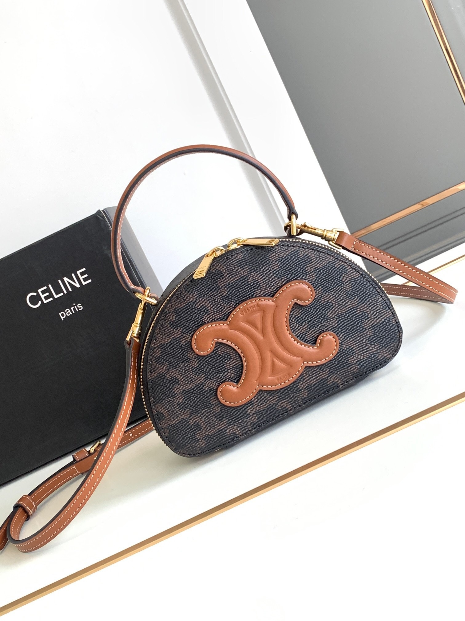 Celine Half Moon Case in Triomphe canvas and tan calfskin leather bag