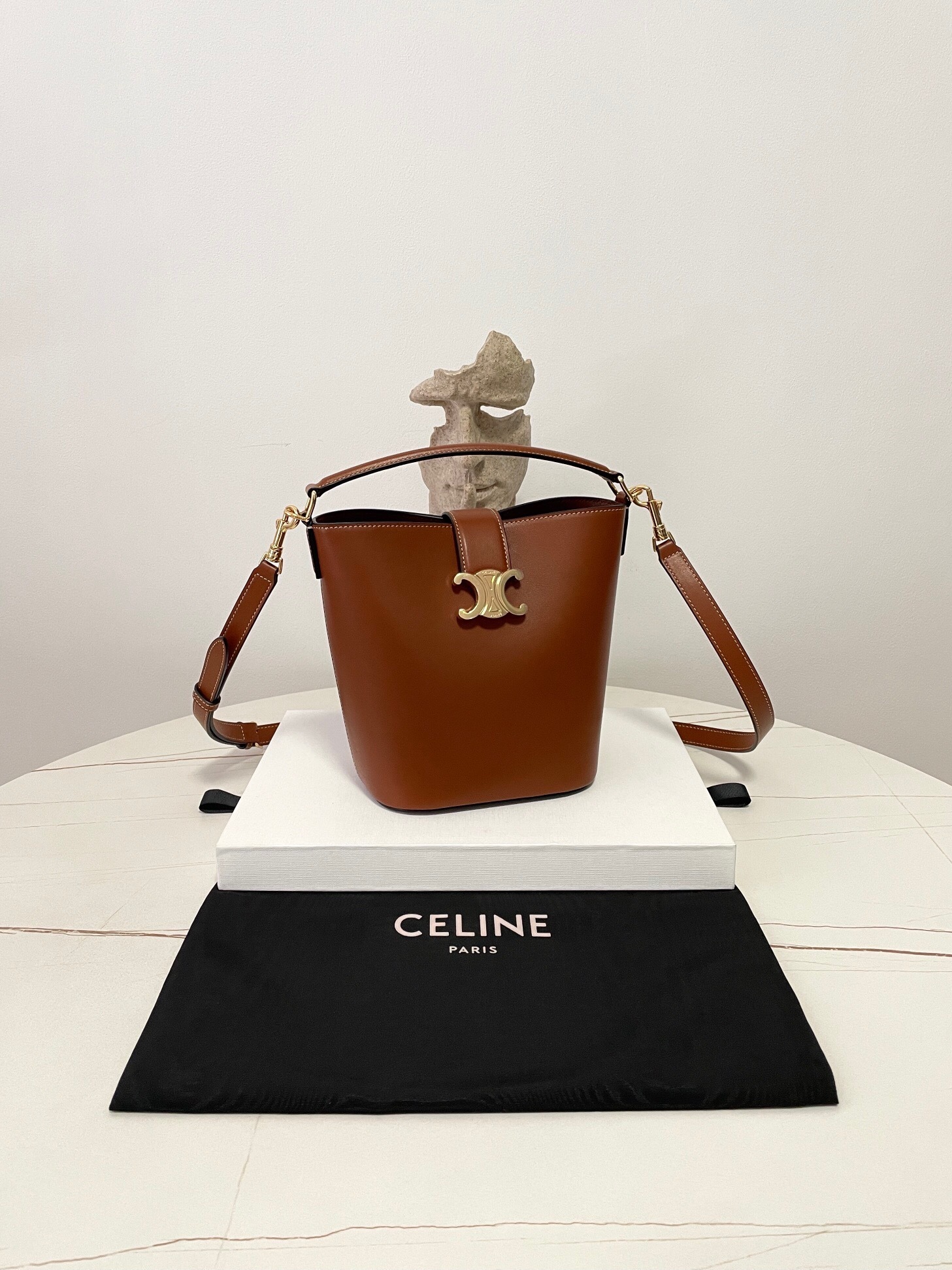 Celine Medium bucket Louise bag in smooth tan calfskin leather