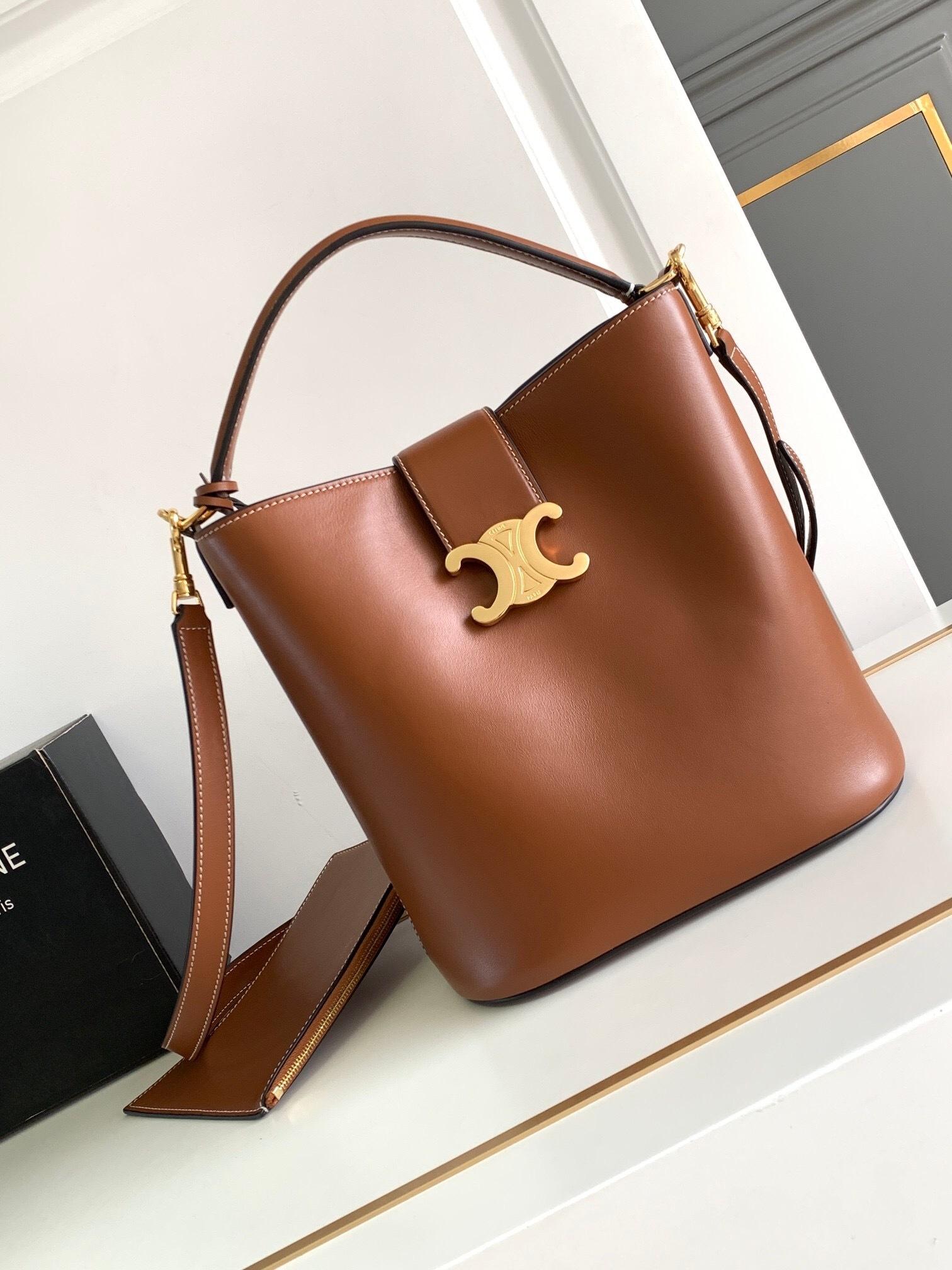 Celine Medium Bucket Louise bag in tan smooth calfskin with gold-finish hardware