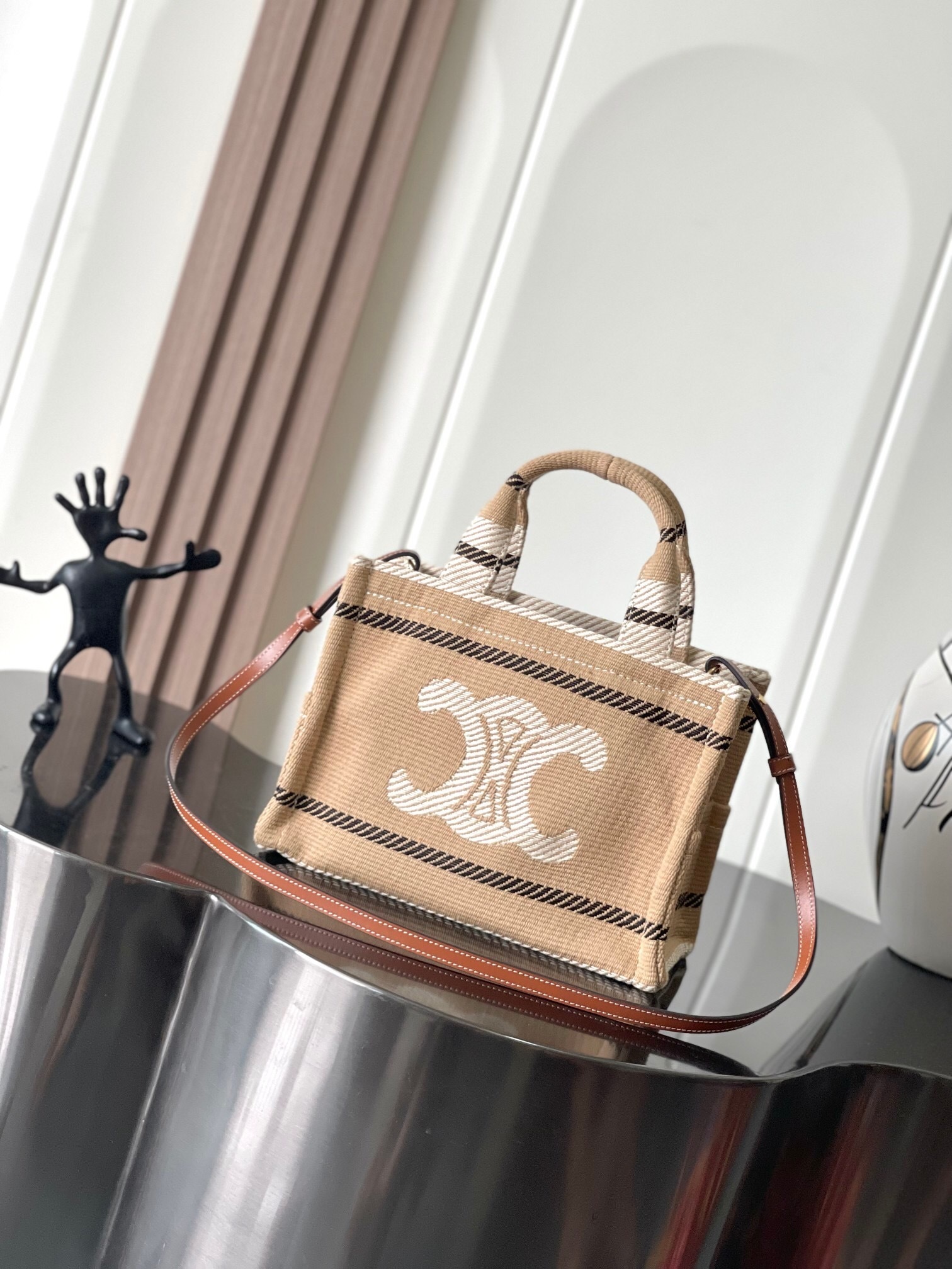 Celine Small Cabas Thais in striped textile with Triomphe in beige and black