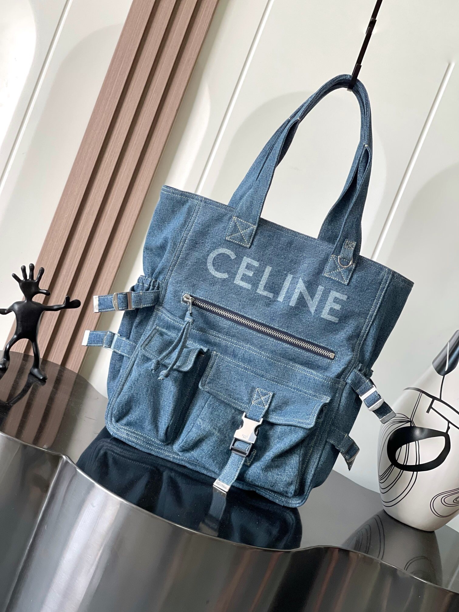 Celine Large Cabas in denim with Celine in a Dark Union wash