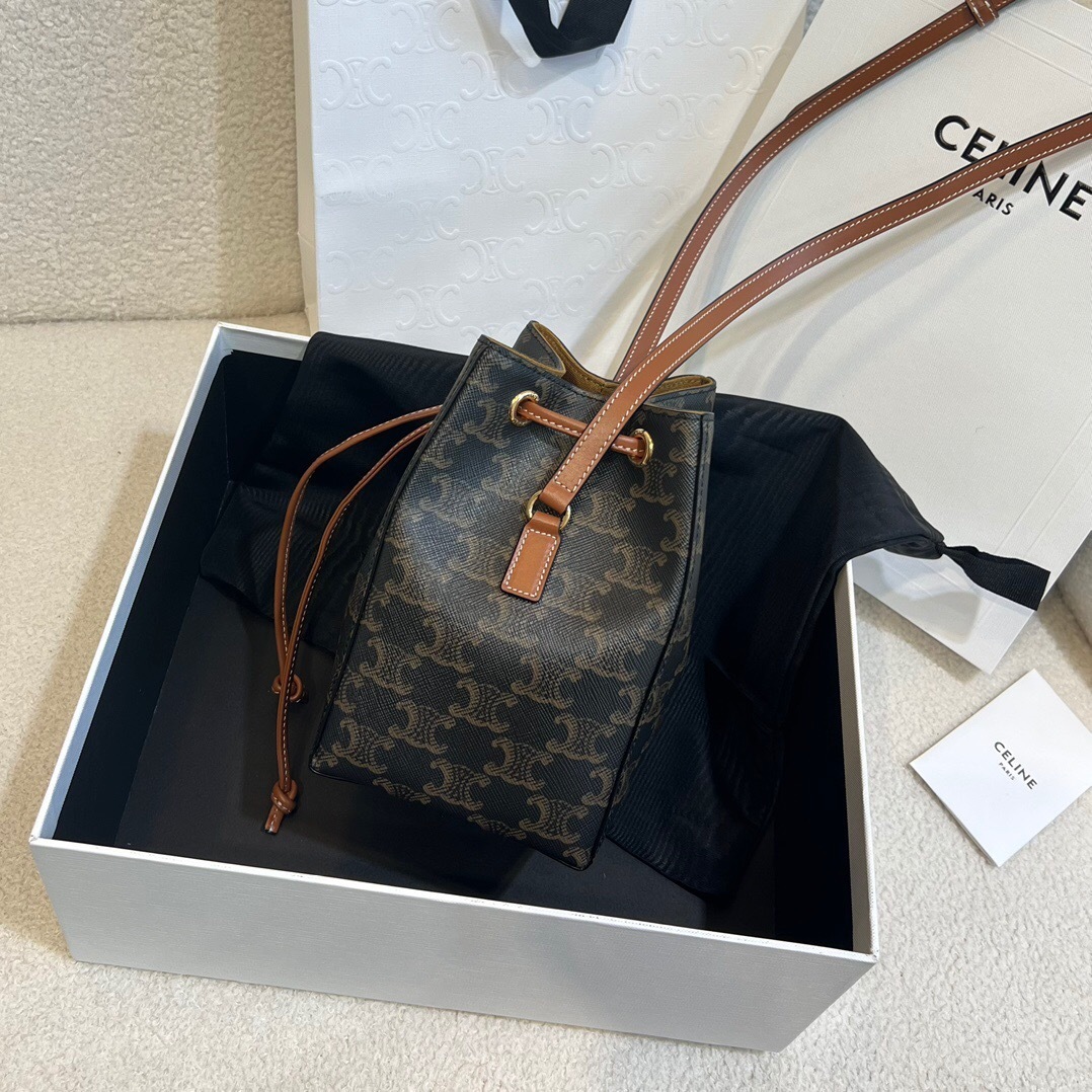 Celine Small Drawstring Bag in Triomphe canvas and calfskin leather