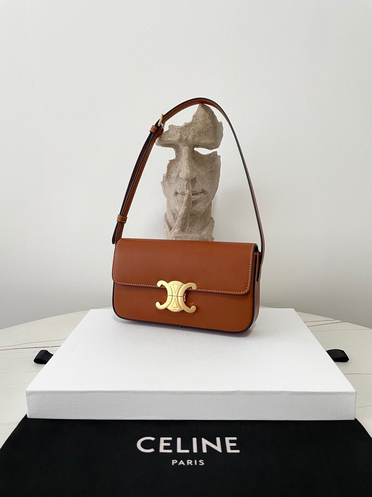 Celine Shoulder Bag Claude in natural calfskin leather with a Triomphe metallic closure