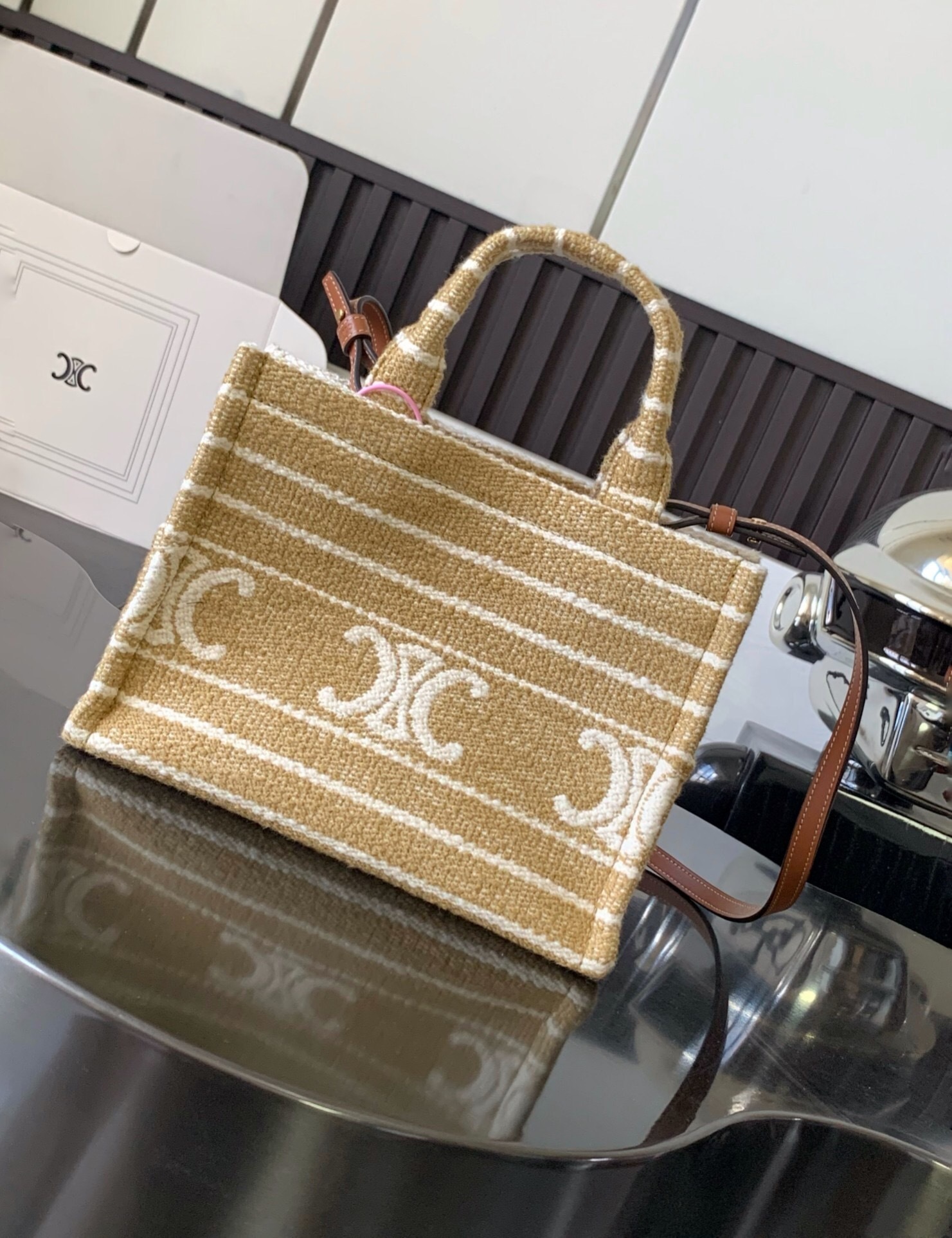 Celine Small Cabas Thais in striped textile with Triomphe tote bag