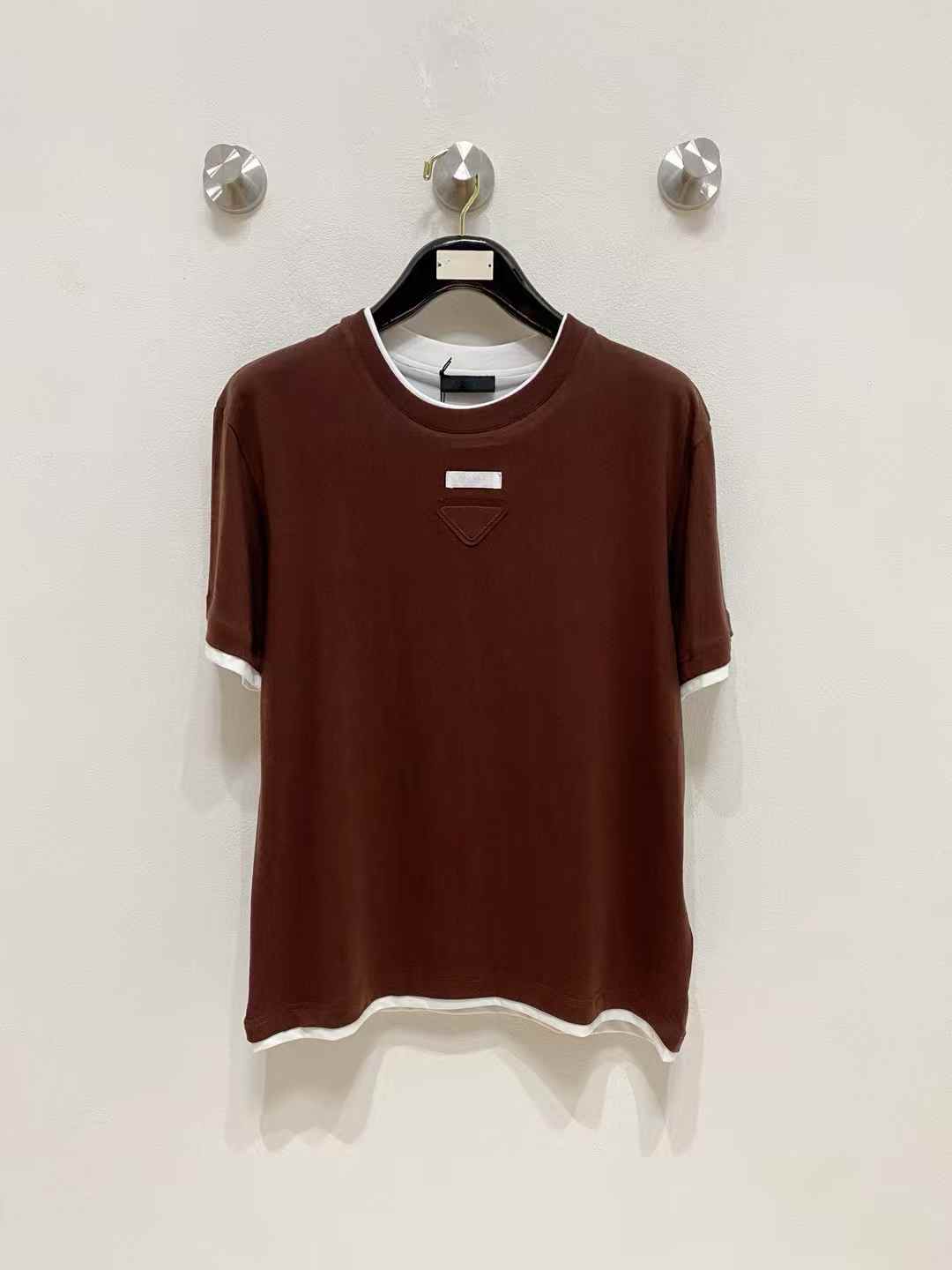 Prada Cotton Crew-neck T-Shirt in tobacco color with a logo patch on the chest