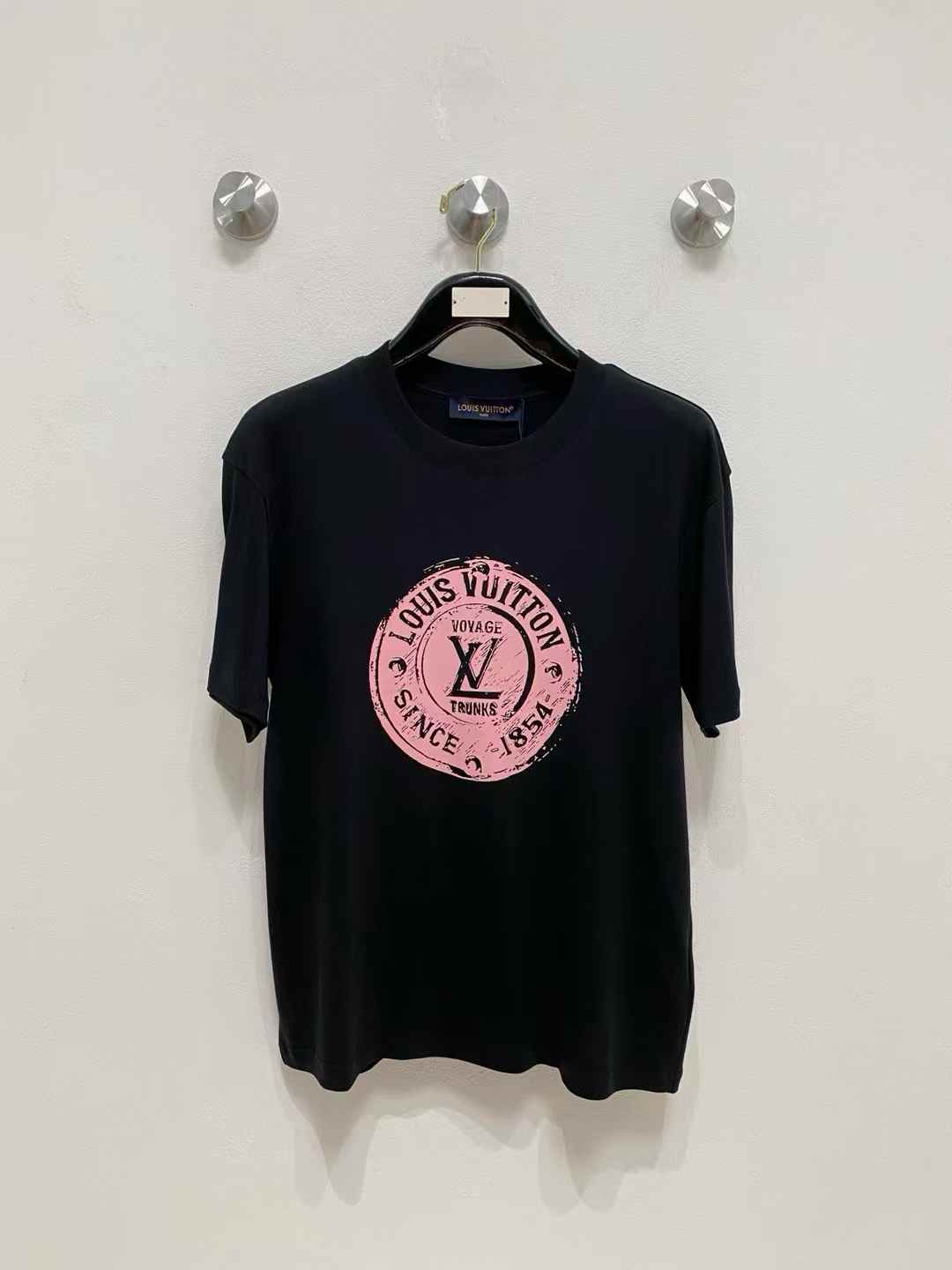 LV T-shirt pink circular logo with the brand name and the text "SINCE 1854