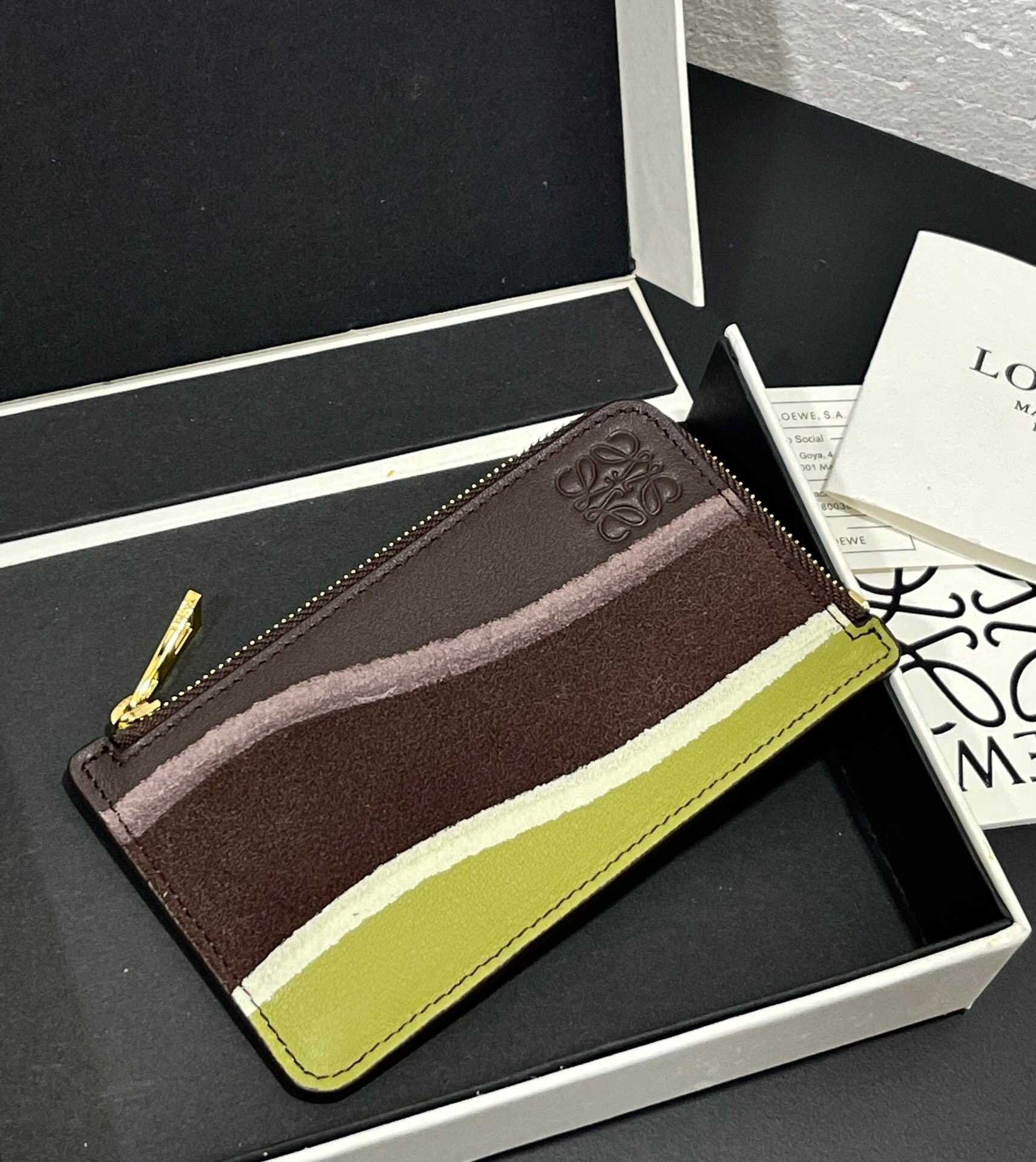 Loewe Landscape Coin Card Holder in chocolate and light moss nappa calfskin and suede